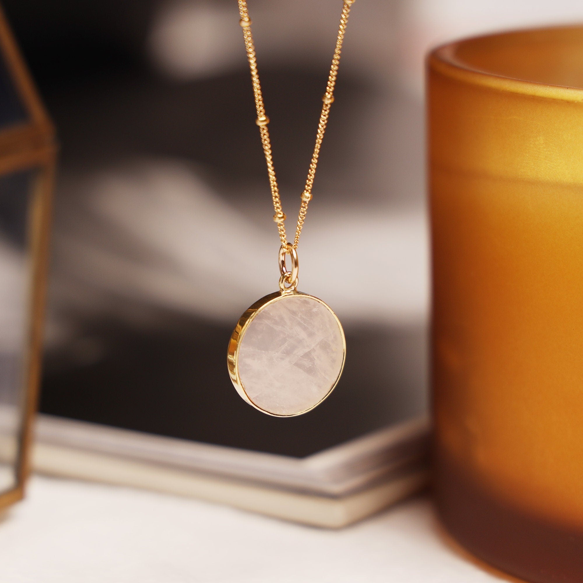 Rose Quartz Round Disc Gold Necklace (Satellite Chain) Necklaces Soul & Little Rose
