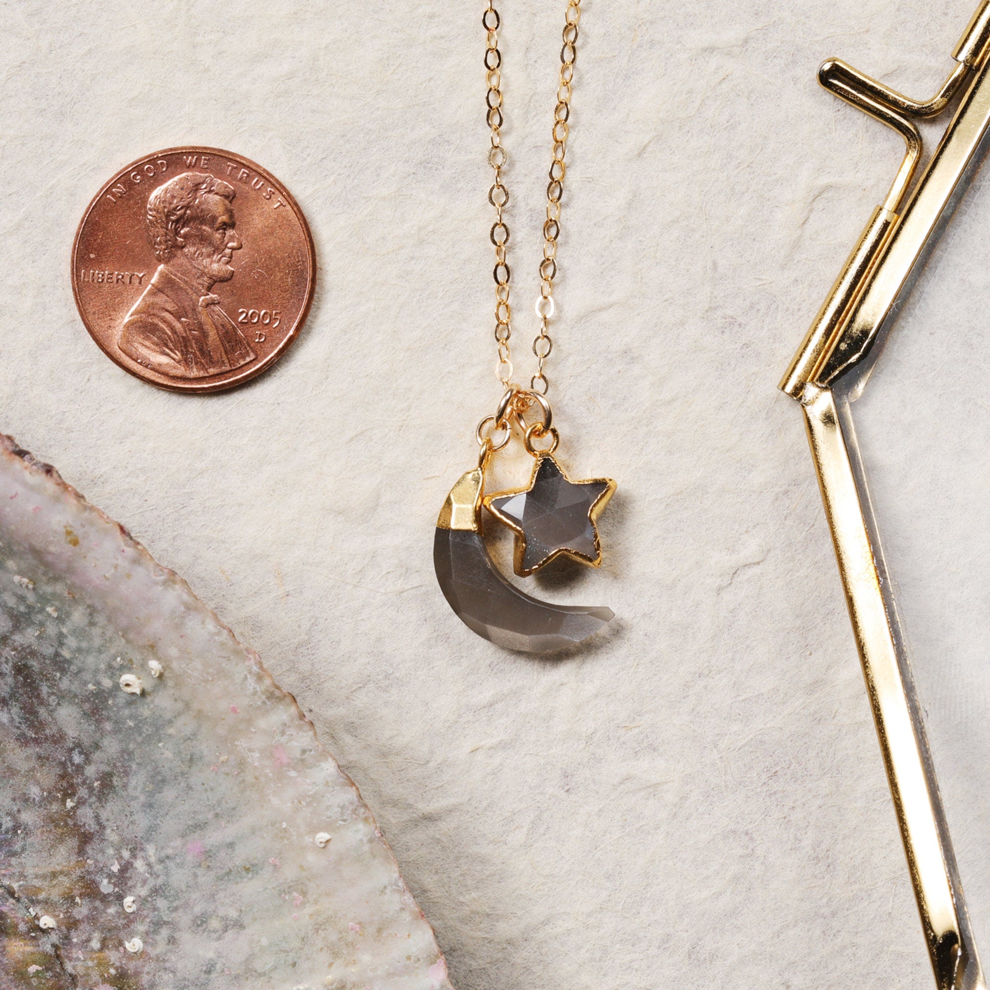 Gray Moonstone Necklace Moon and Star Gold Pendant Necklace Necklaces Soul & Little Rose