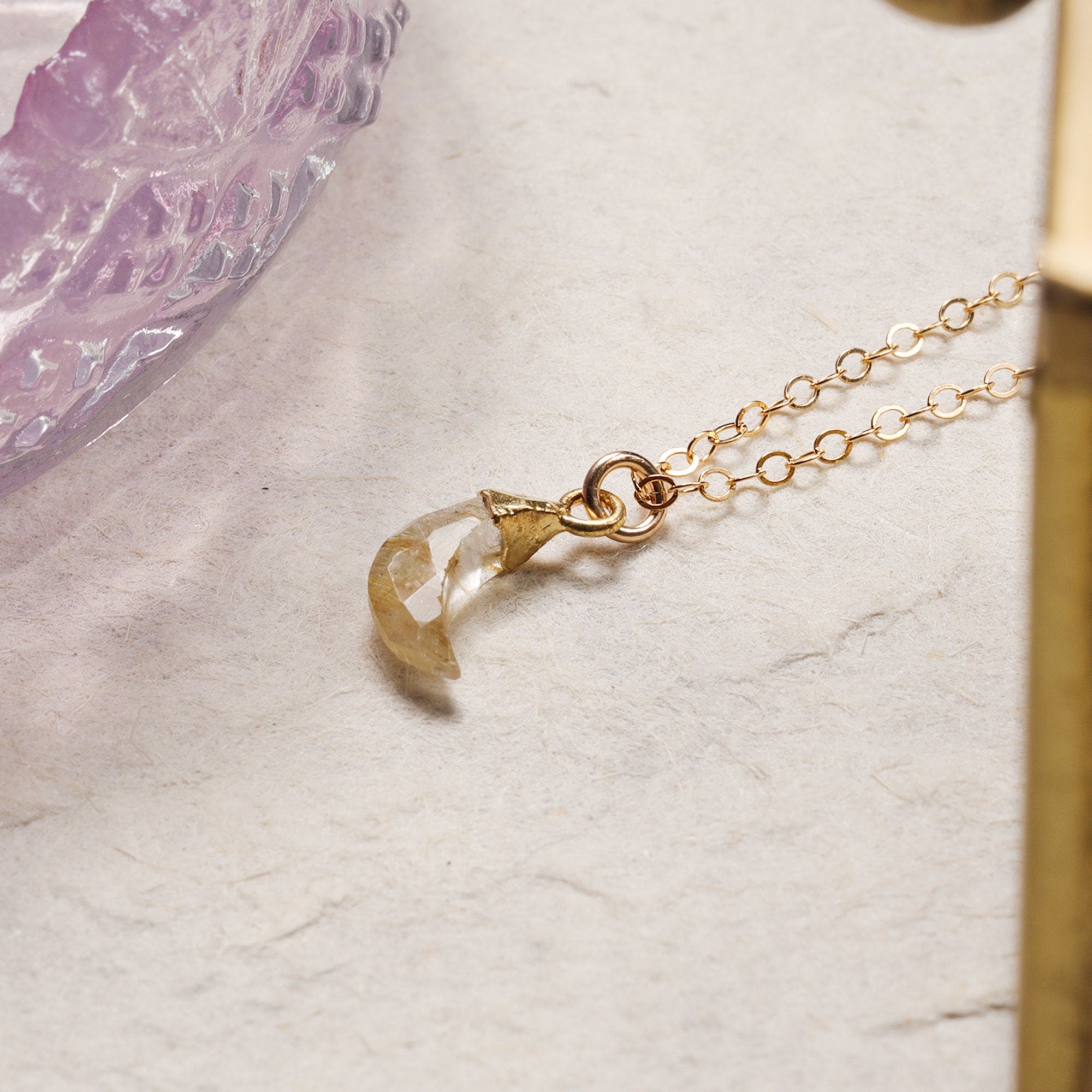 Golden Rutilated Quartz Mini Moon Gemstone Necklace Necklaces Soul & Little Rose