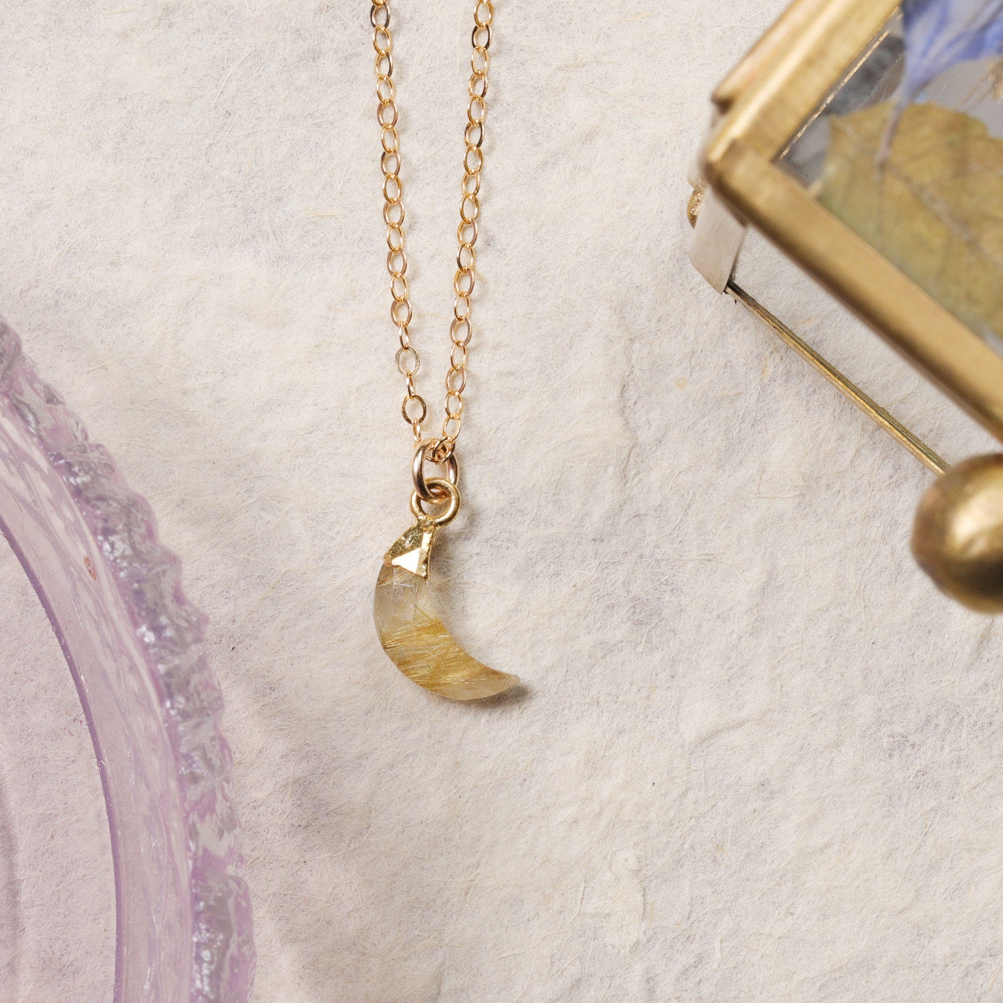 Golden Rutilated Quartz Mini Moon Gemstone Necklace Necklaces Soul & Little Rose