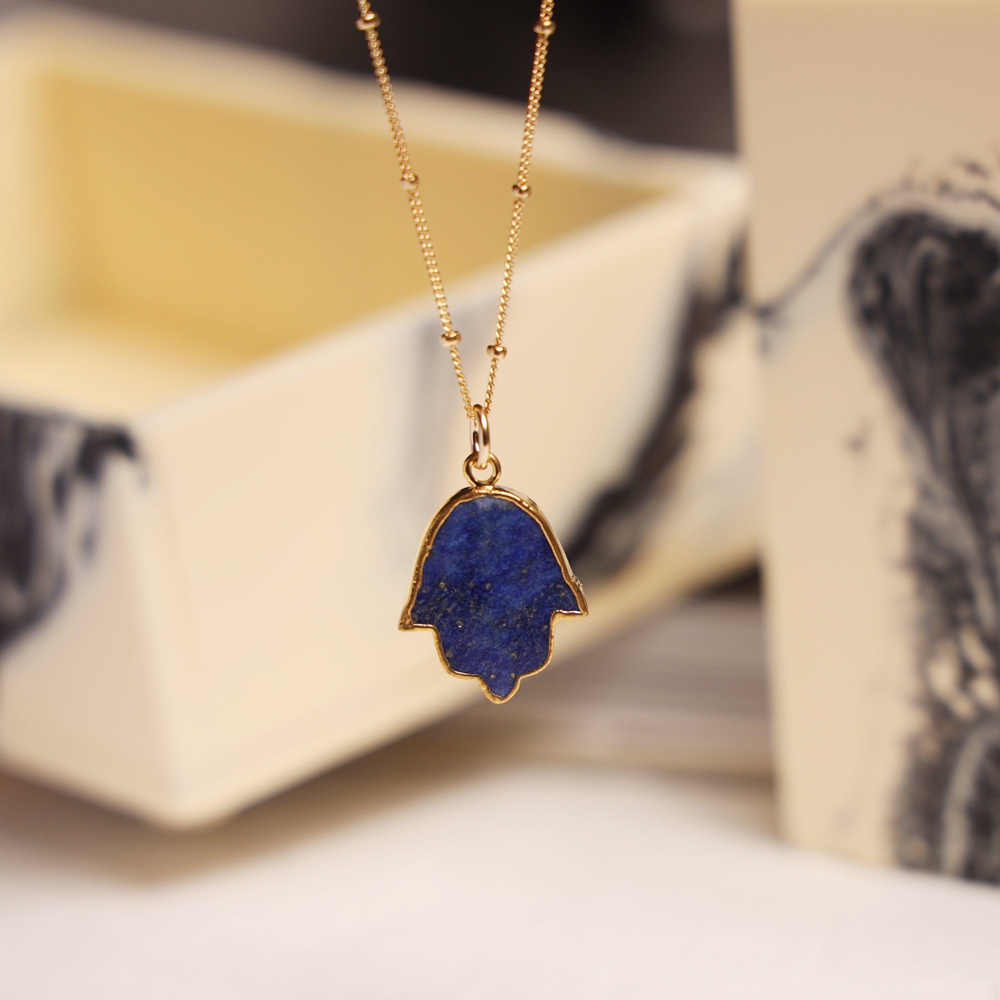 Lapis Lazuli Hamsa Hand of Fate Gold Pendant Necklace Necklaces Soul & Little Rose