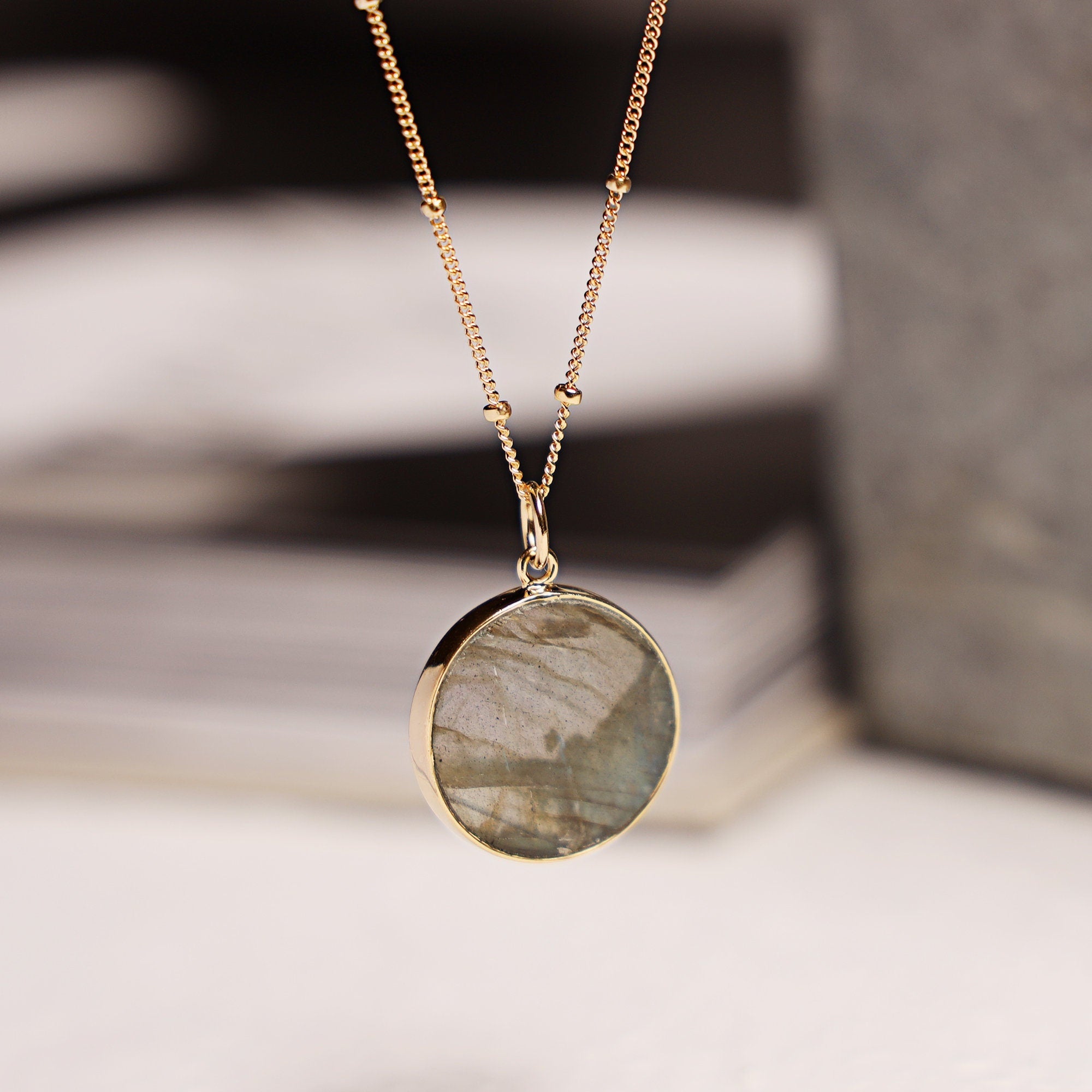 Labradorite Gold Disc Pendant Necklace (Satellite Chain) Necklaces Soul & Little Rose
