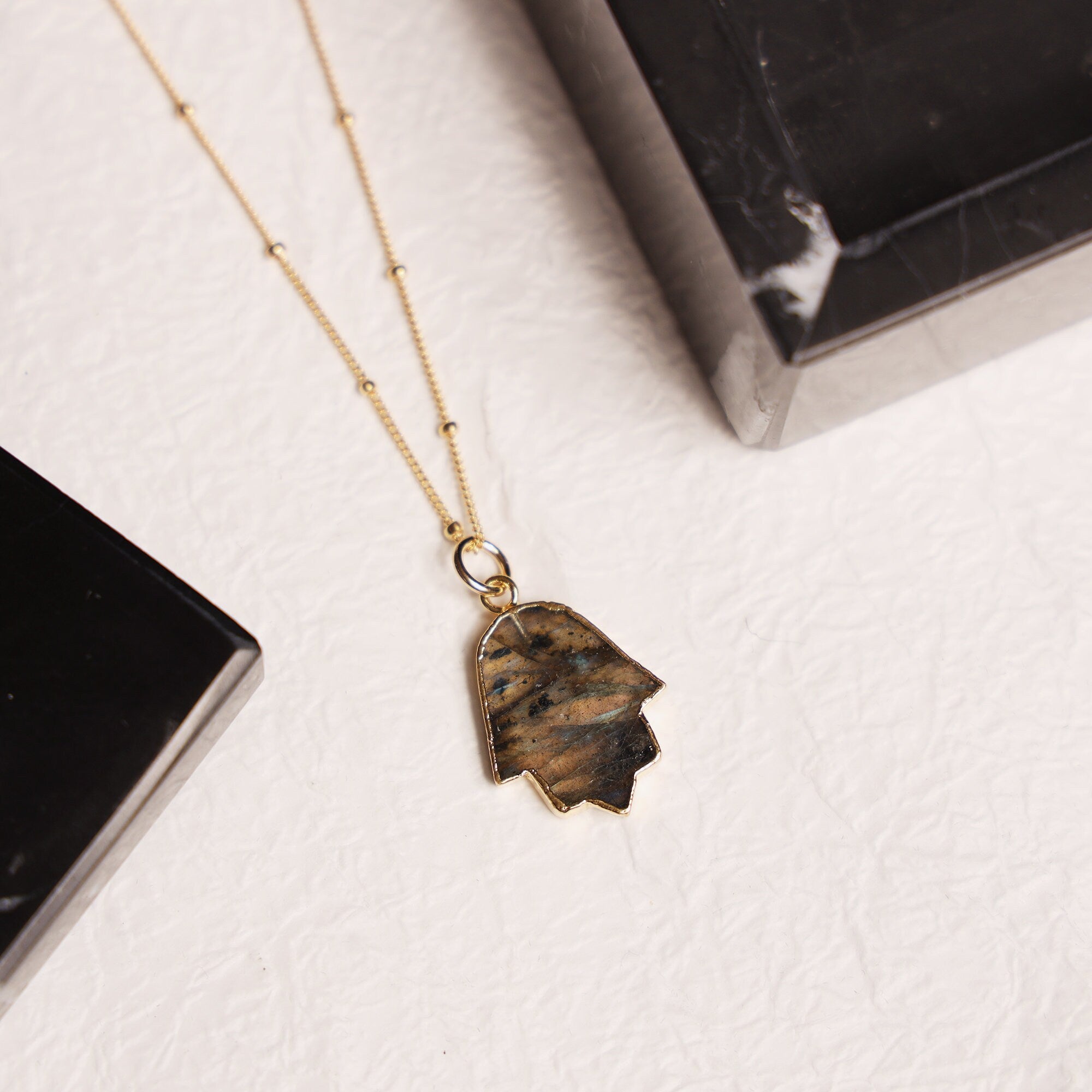 Labradorite Hamsa Hand of Fate Pendant Necklace Necklaces Soul & Little Rose