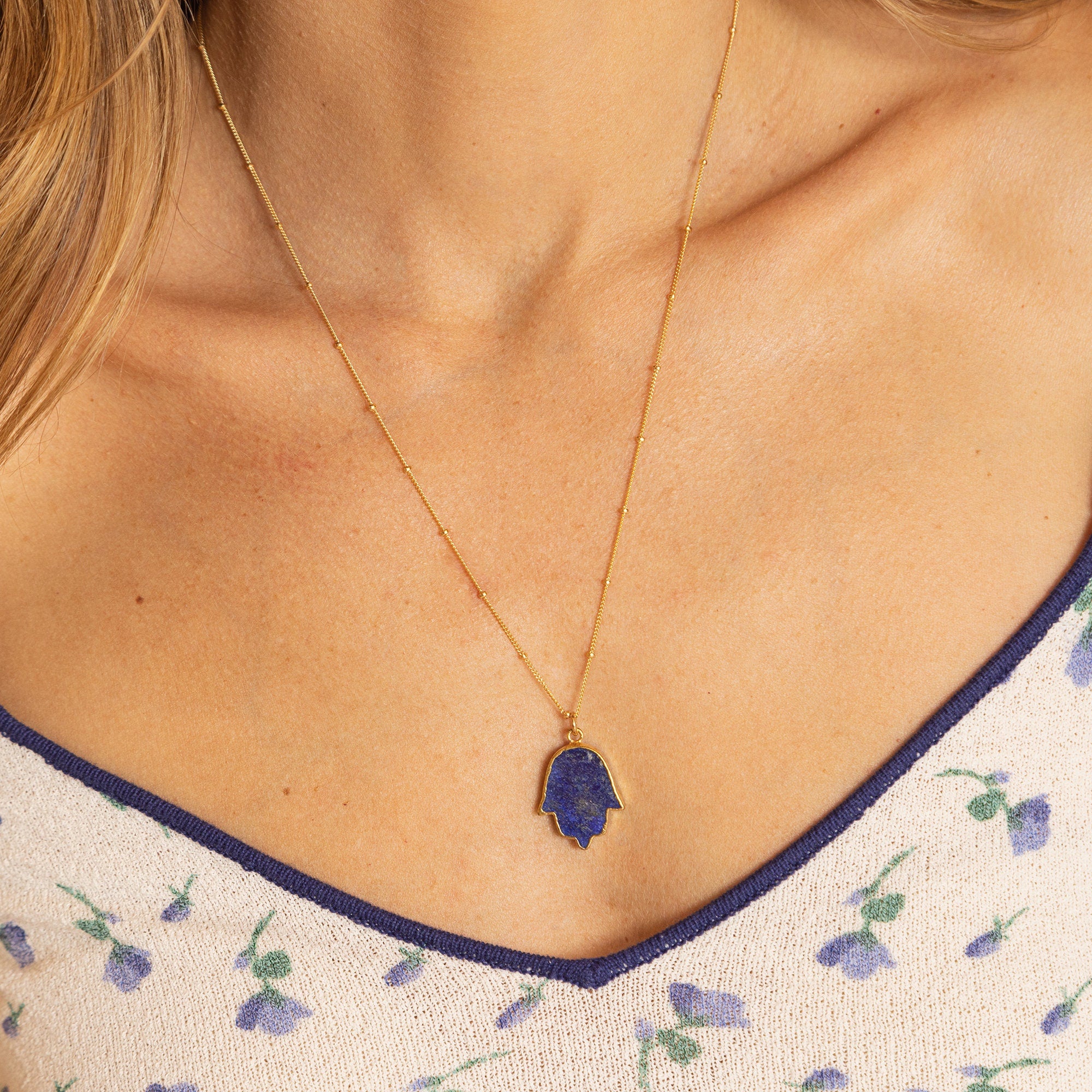Lapis Lazuli Hamsa Hand of Fate Gold Pendant Necklace Necklaces Soul & Little Rose