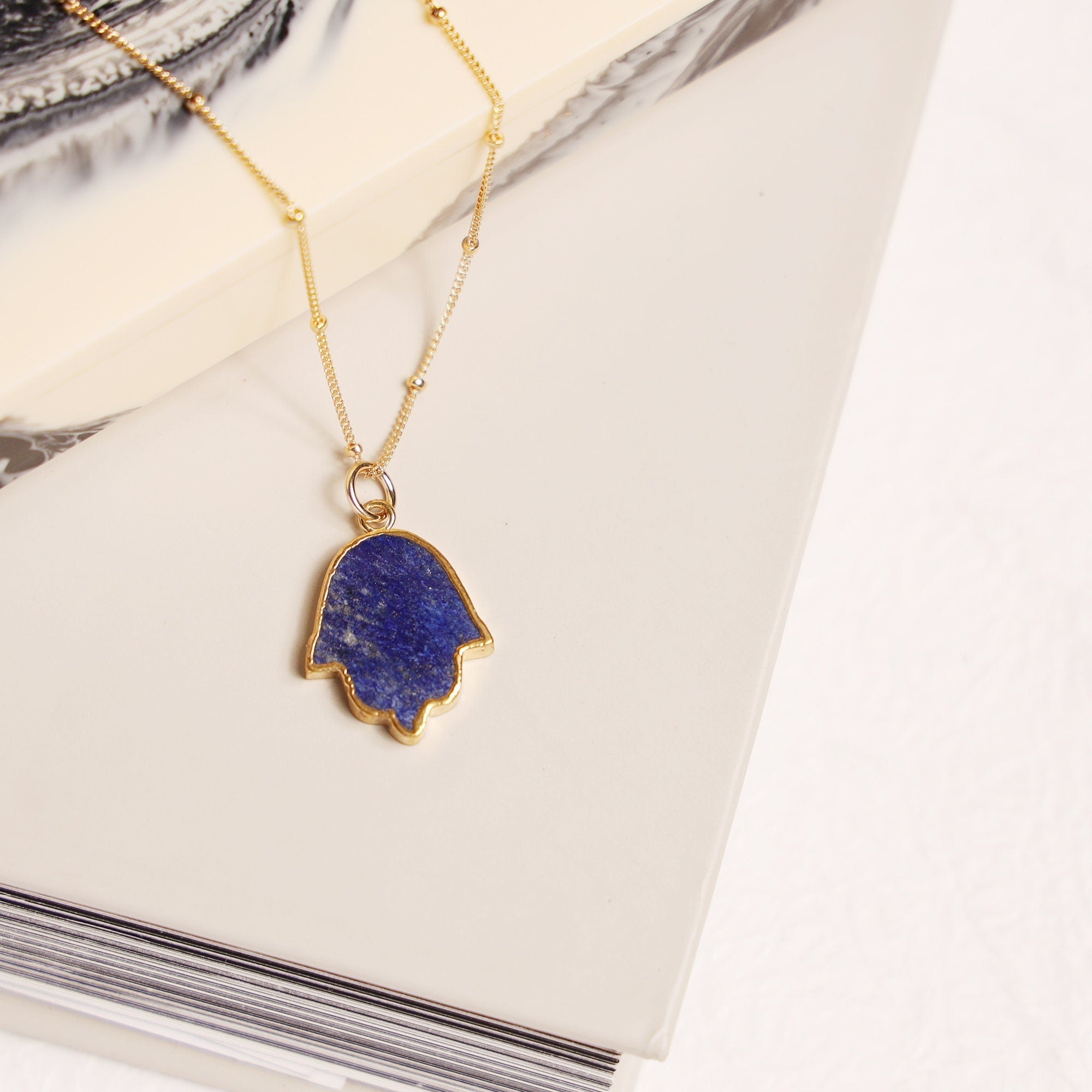Lapis Lazuli Hamsa Hand of Fate Gold Pendant Necklace Necklaces Soul & Little Rose