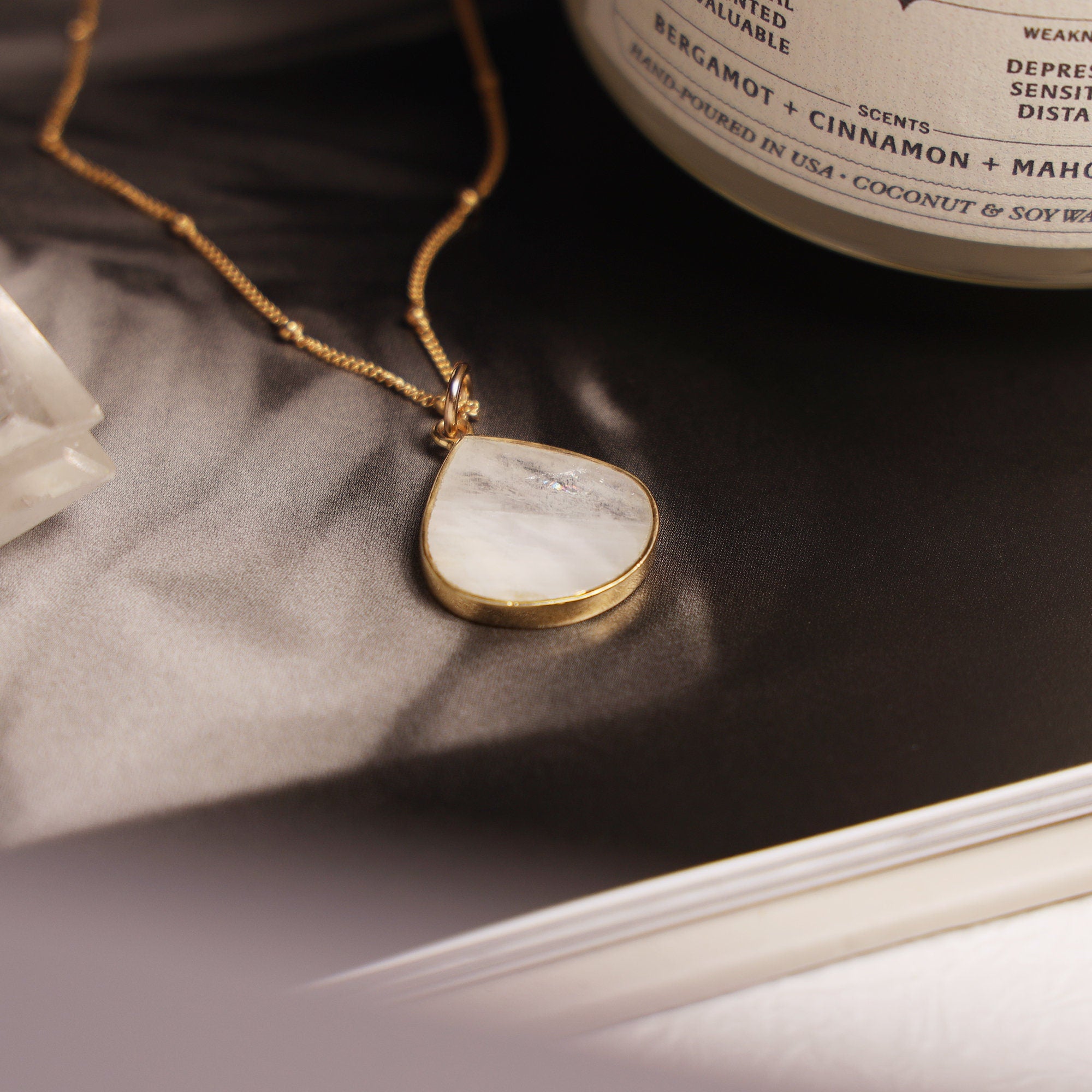 Moonstone Drop Pendant Gold Necklace (Satellite Chain) Necklaces Soul & Little Rose