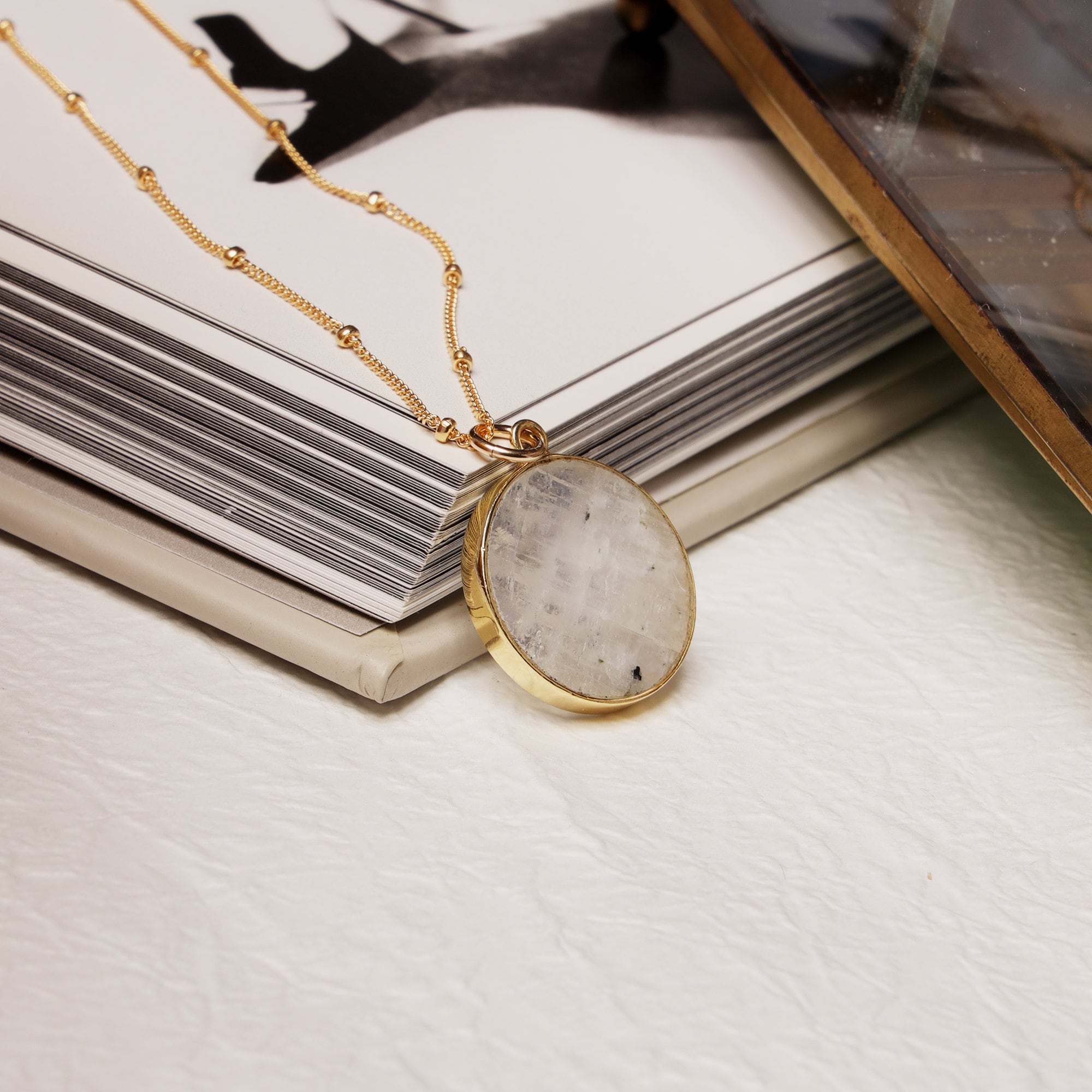 Moonstone Circle Gold Pendant Necklace (Satellite Chain) Necklaces Soul & Little Rose