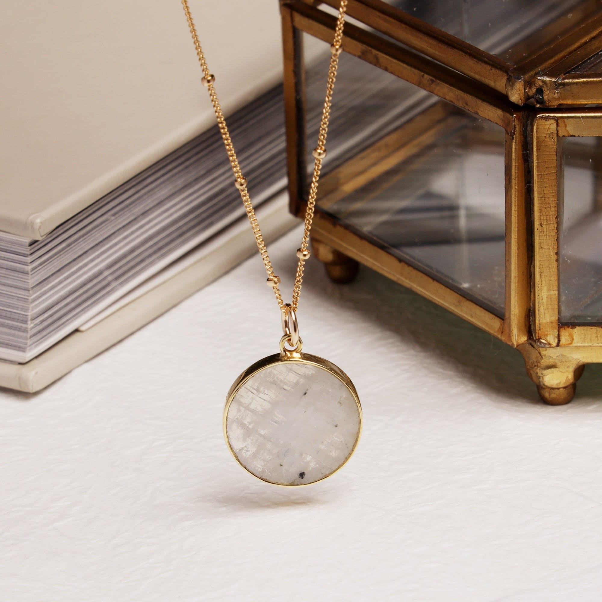 Moonstone Circle Gold Pendant Necklace (Satellite Chain) Necklaces Soul & Little Rose