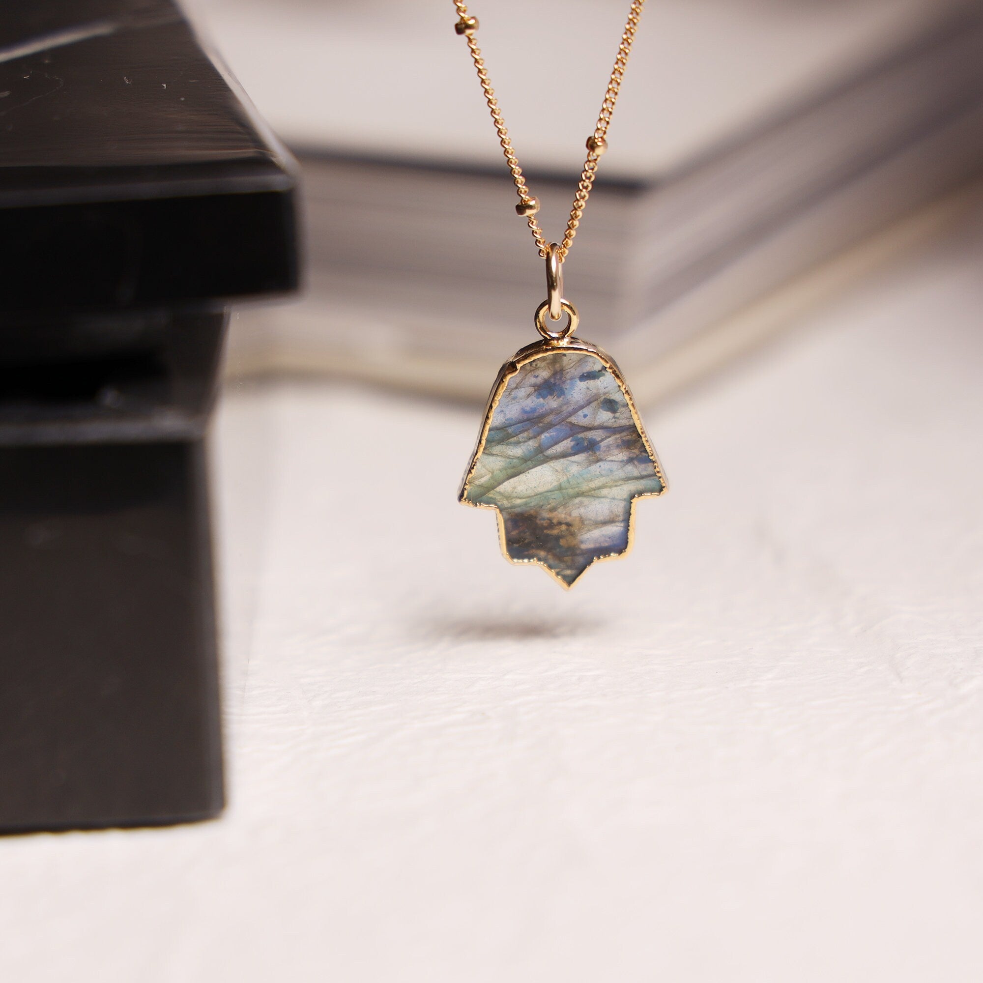 Labradorite Hamsa Hand of Fate Pendant Necklace Necklaces Soul & Little Rose