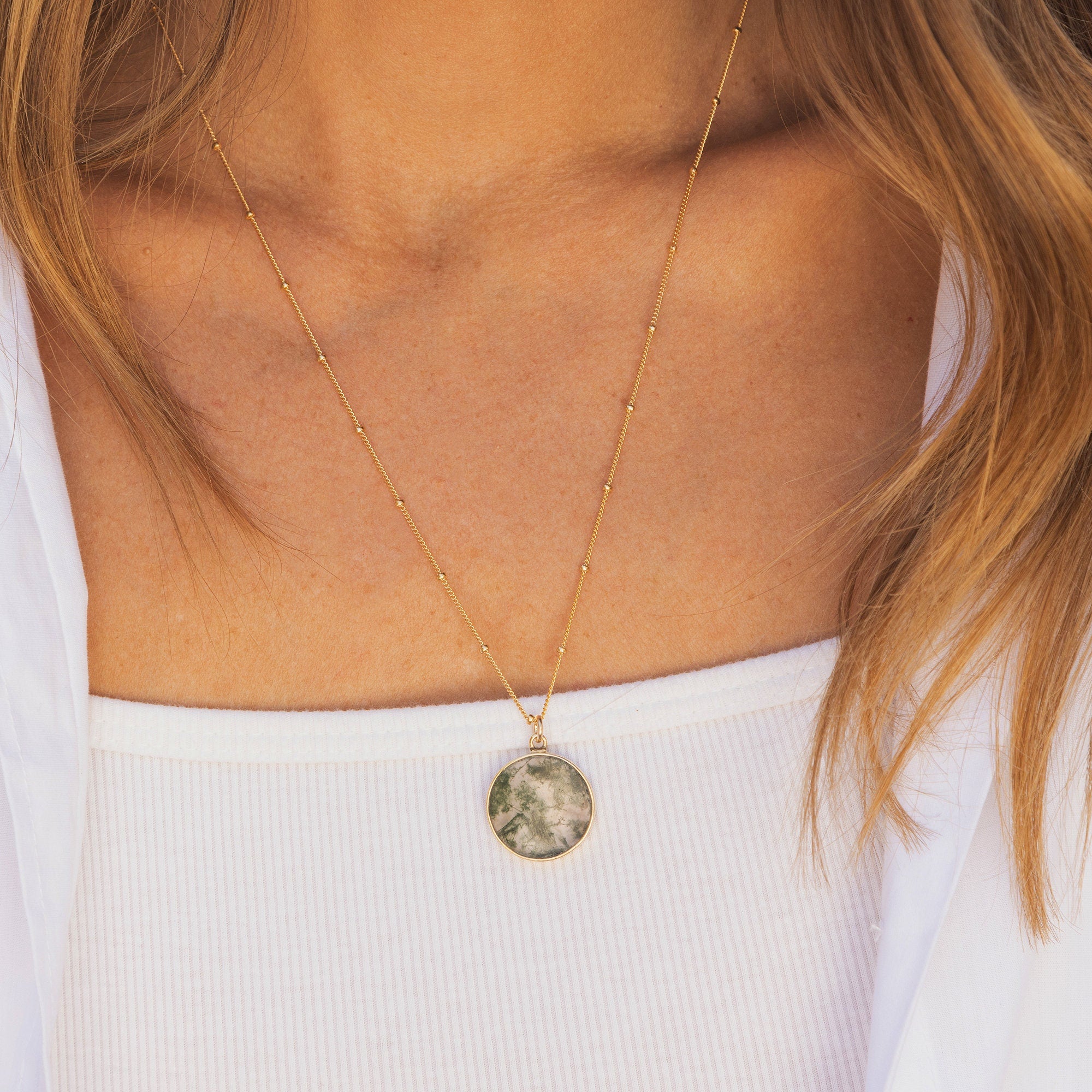 Moss Agate Gold Disc Pendant Necklace (Satellite Chain) Necklaces Soul & Little Rose