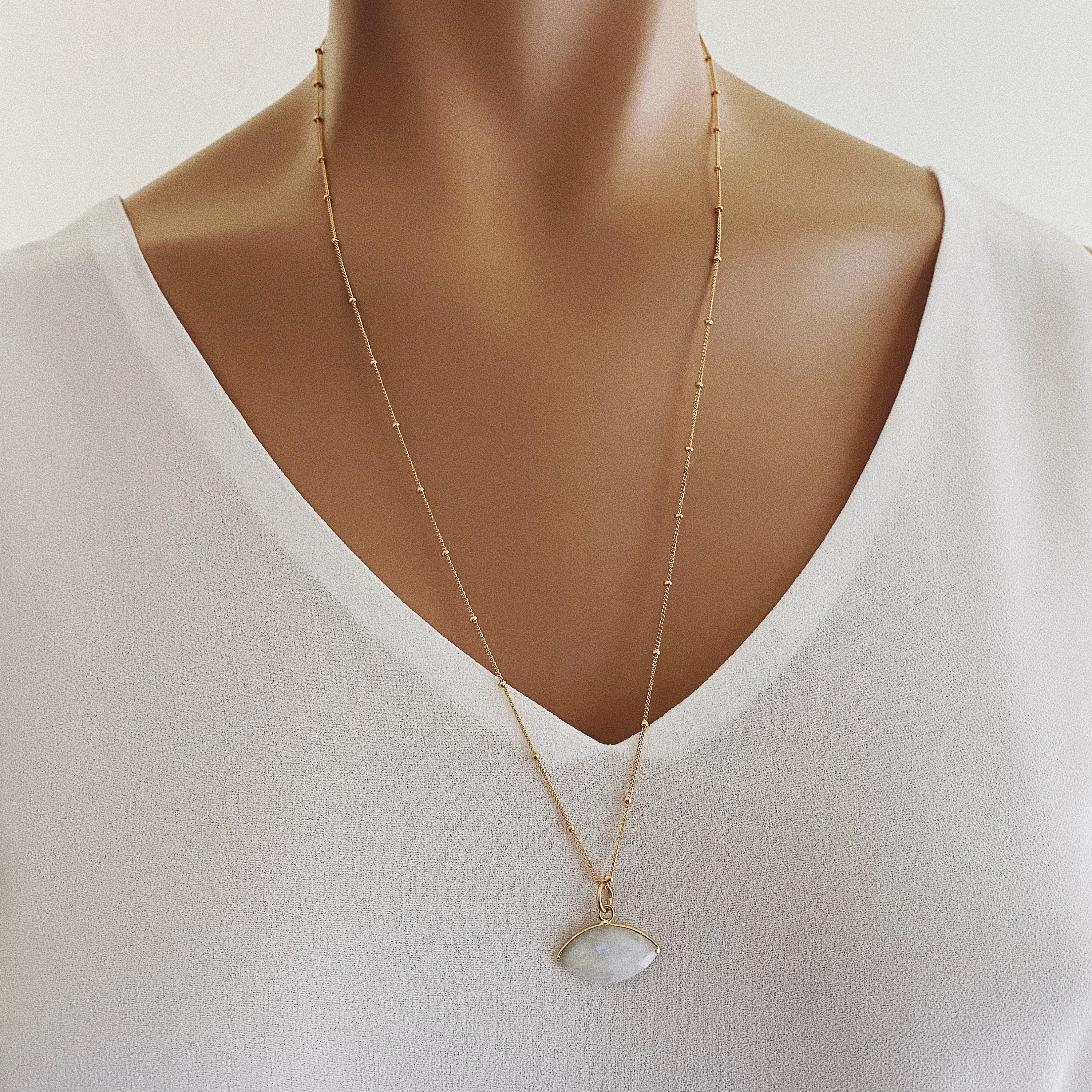 Moonstone Gemstone Eye Shaped Gold Pendant Necklace Necklaces Soul & Little Rose