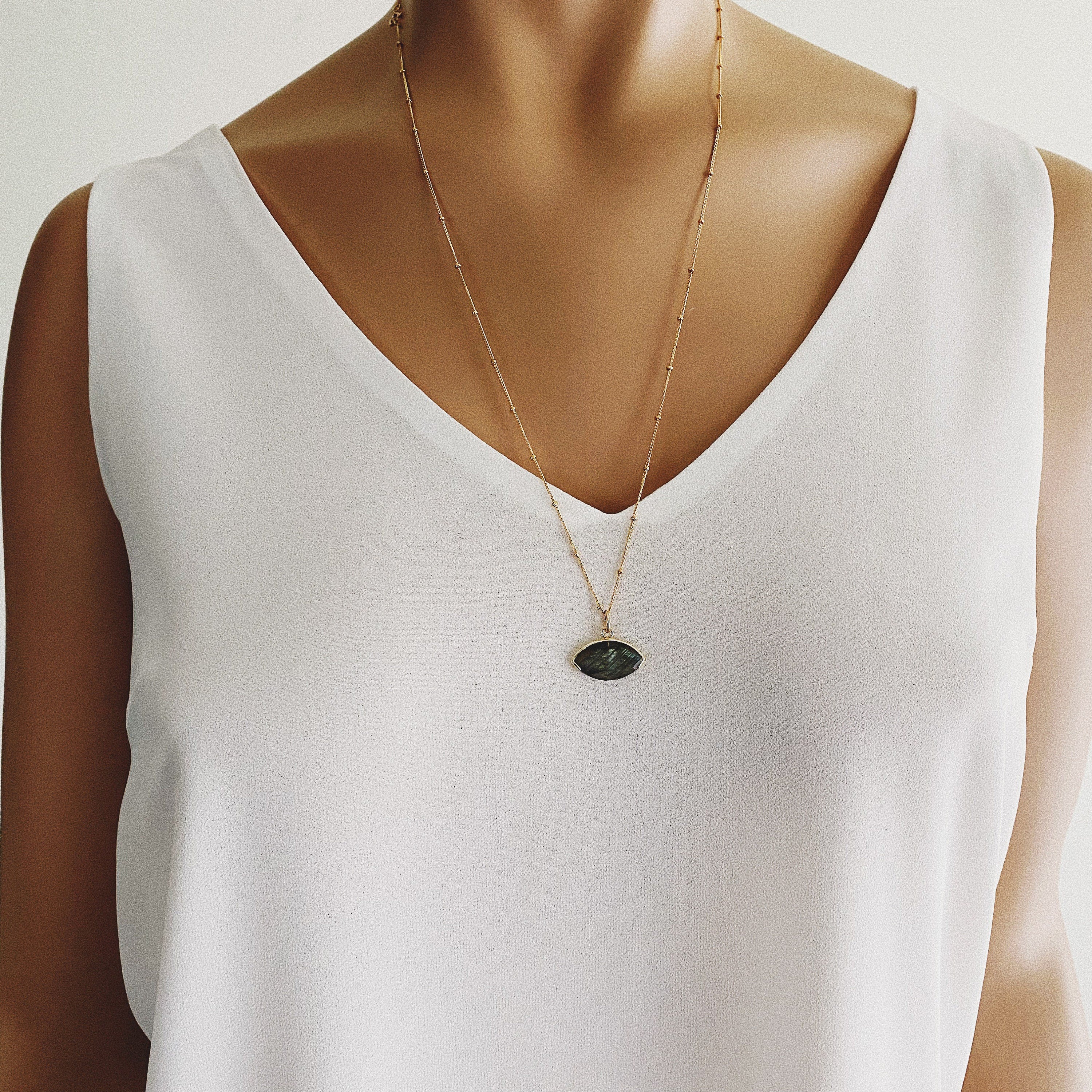 Labradorite Eye Shape Gold Pendant Necklace Necklaces Soul & Little Rose