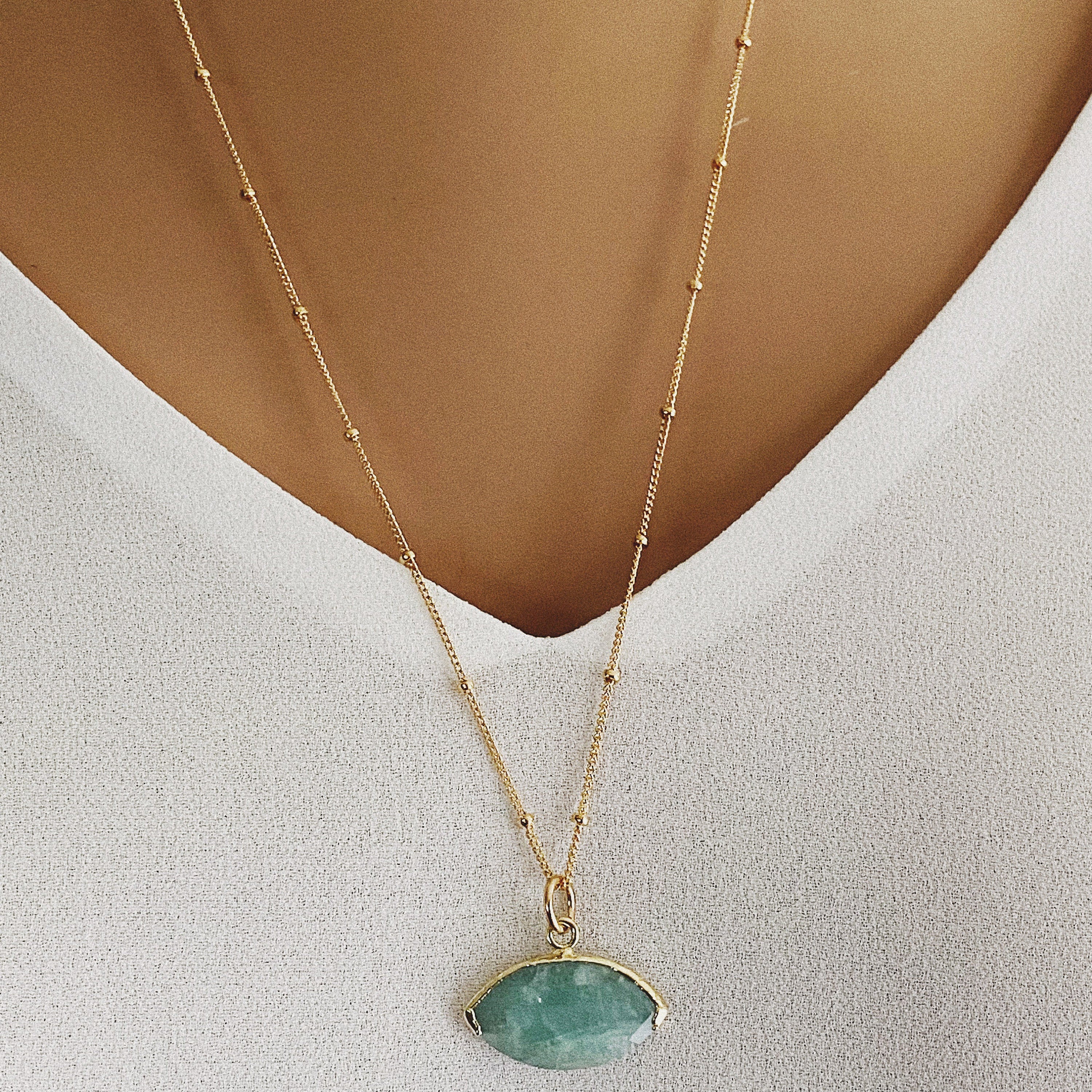 Aquamarine Eye Shape Gold Necklace (Satellite Chain) Necklaces Soul & Little Rose