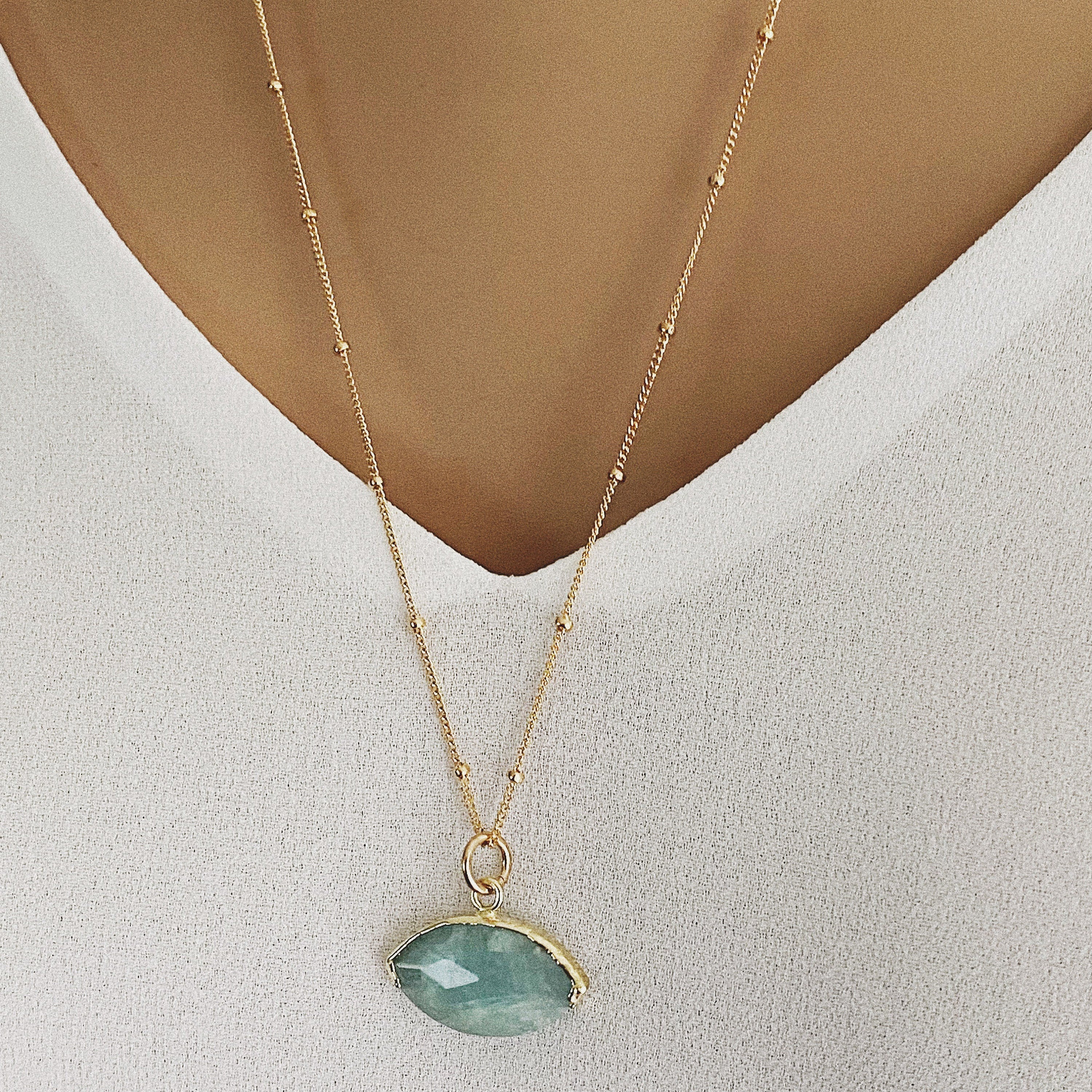 Aquamarine Eye Shape Gold Necklace (Satellite Chain) Necklaces Soul & Little Rose