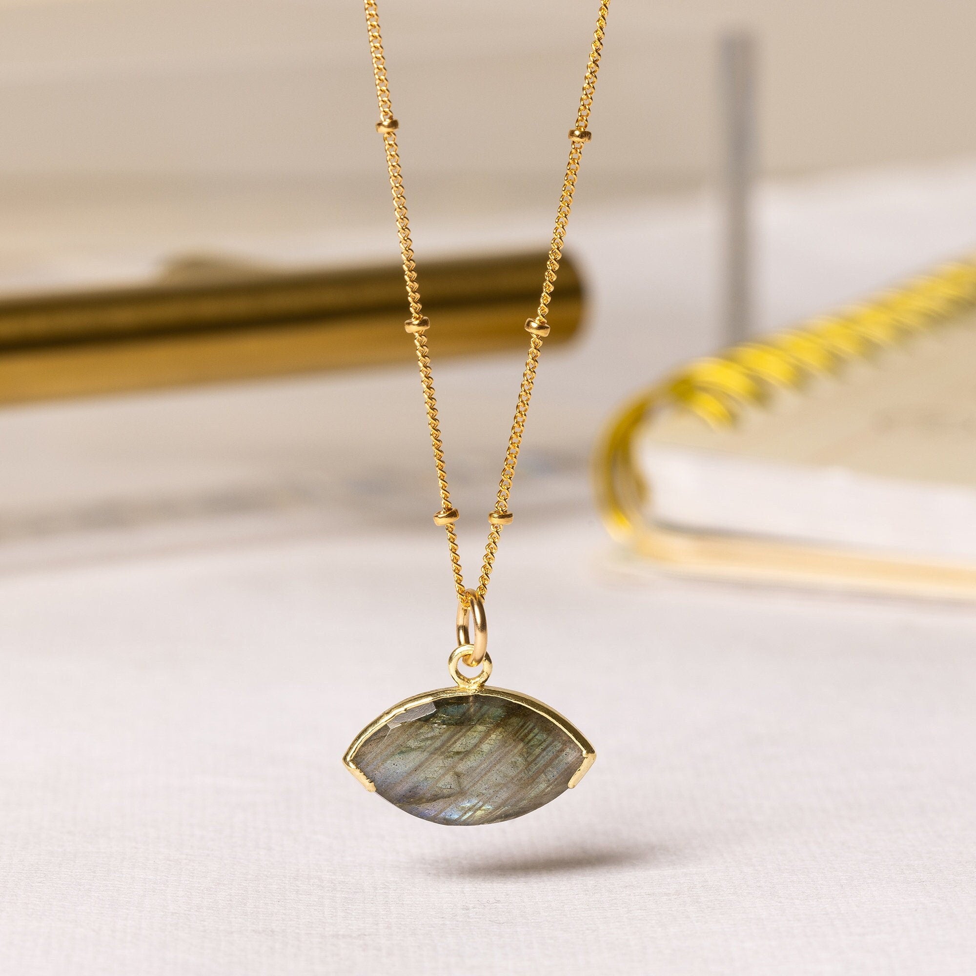 Labradorite Eye Shape Gold Pendant Necklace Necklaces Soul & Little Rose