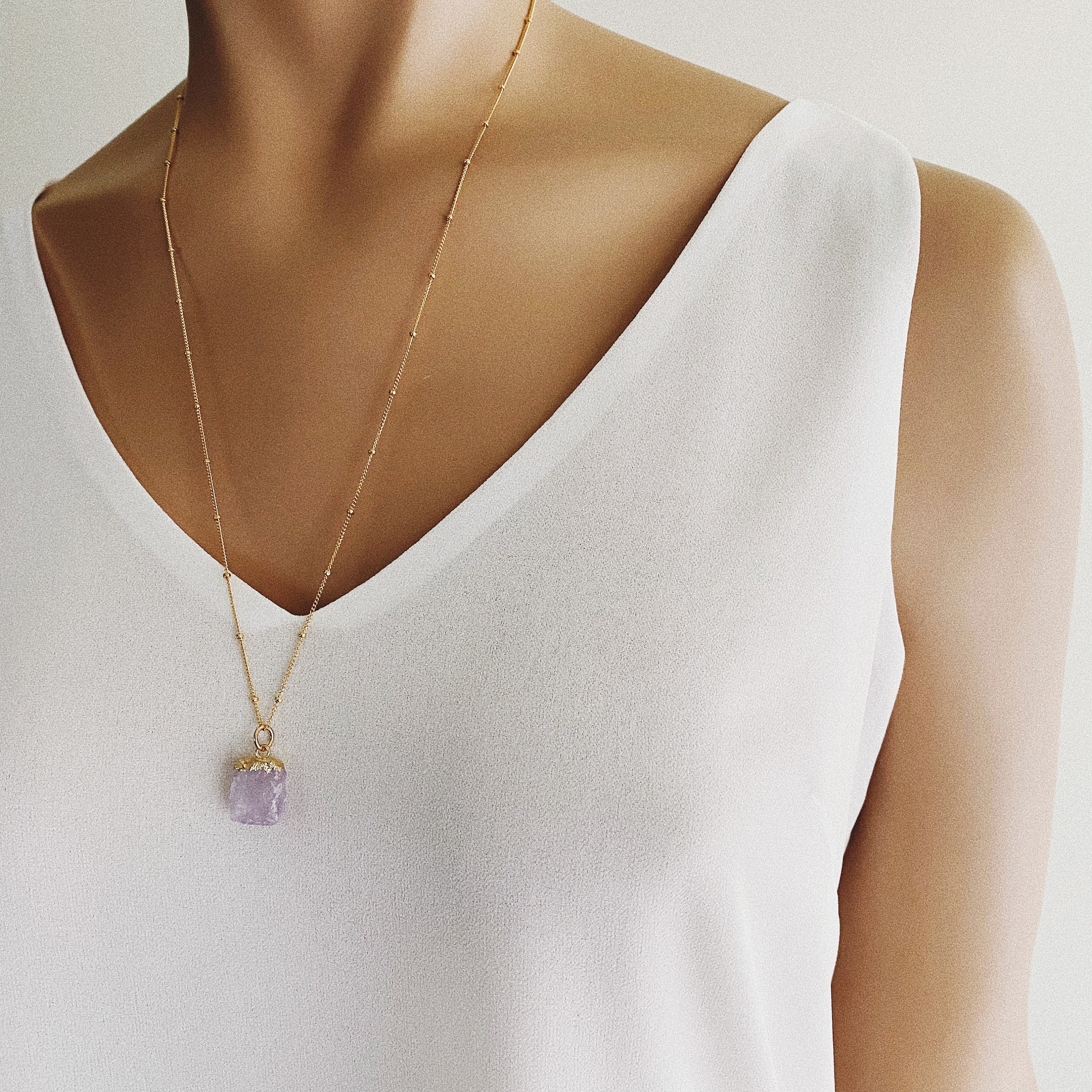 Amethyst Chunk Long Necklace (Satellite Chain) Necklaces Soul & Little Rose   