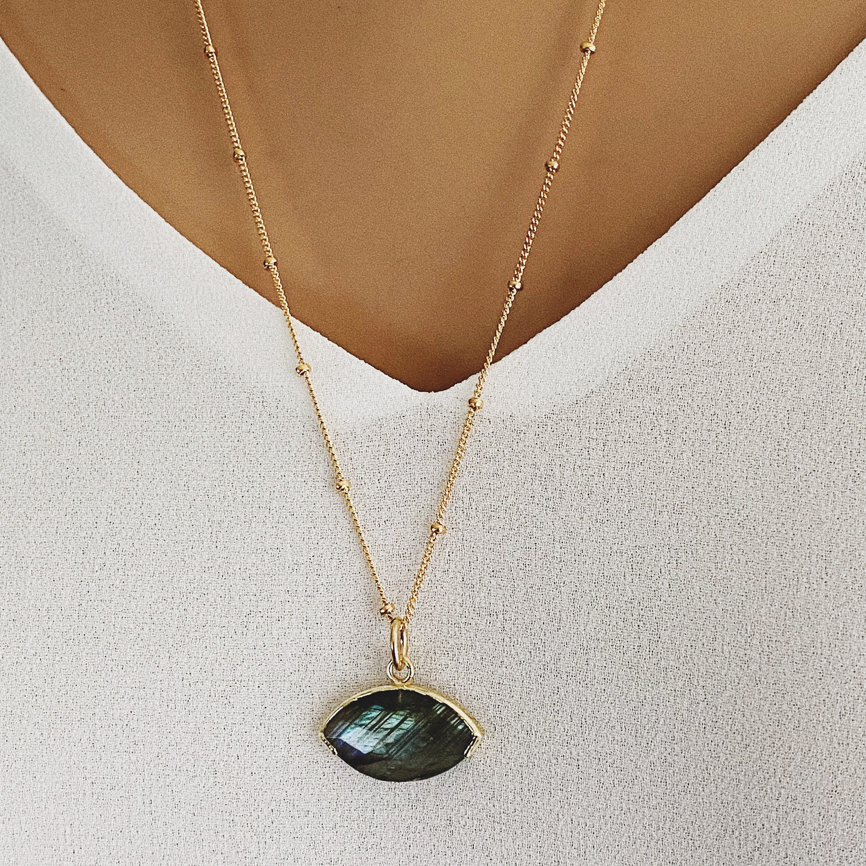 Labradorite Eye Shape Gold Pendant Necklace Necklaces Soul & Little Rose