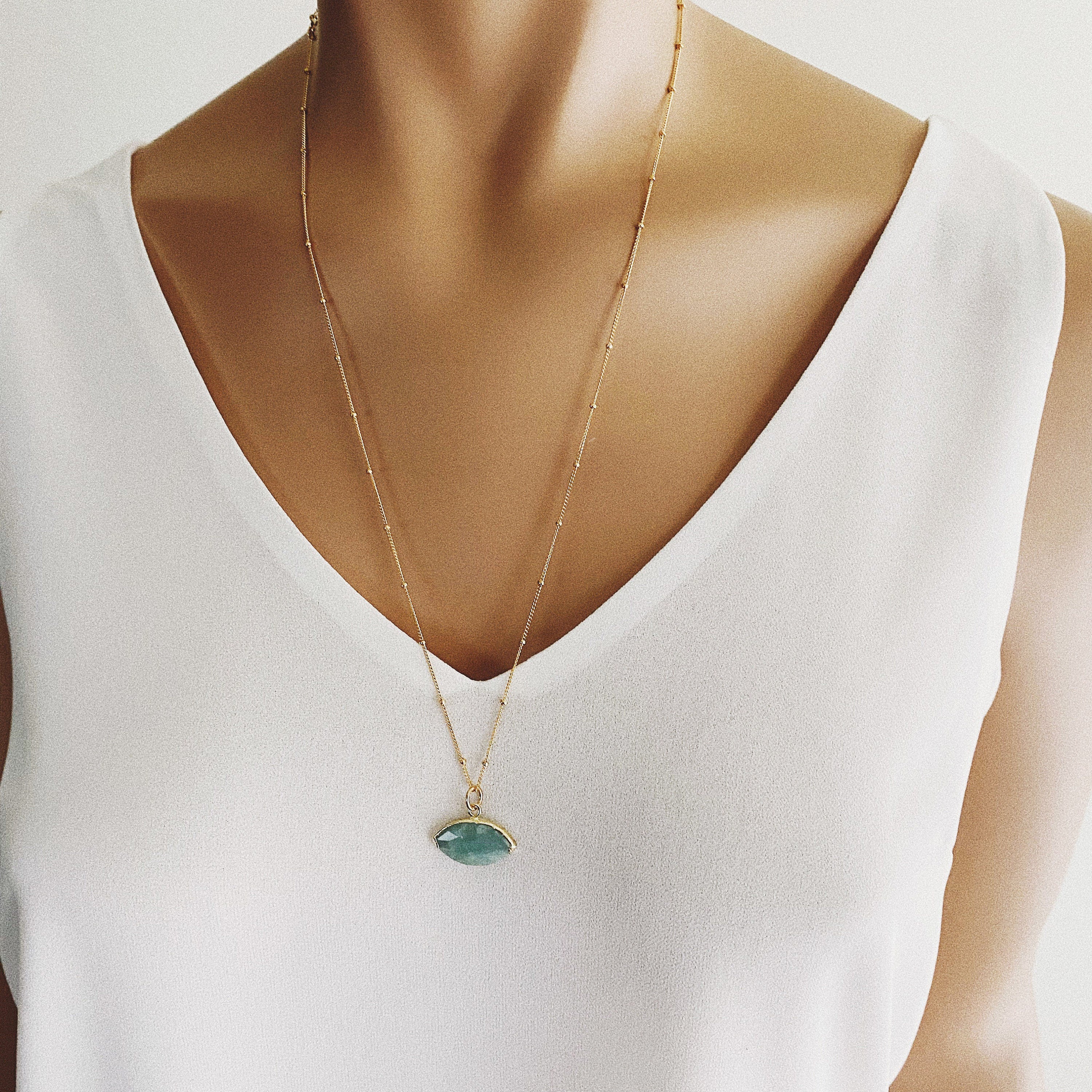 Aquamarine Eye Shape Gold Necklace (Satellite Chain) Necklaces Soul & Little Rose