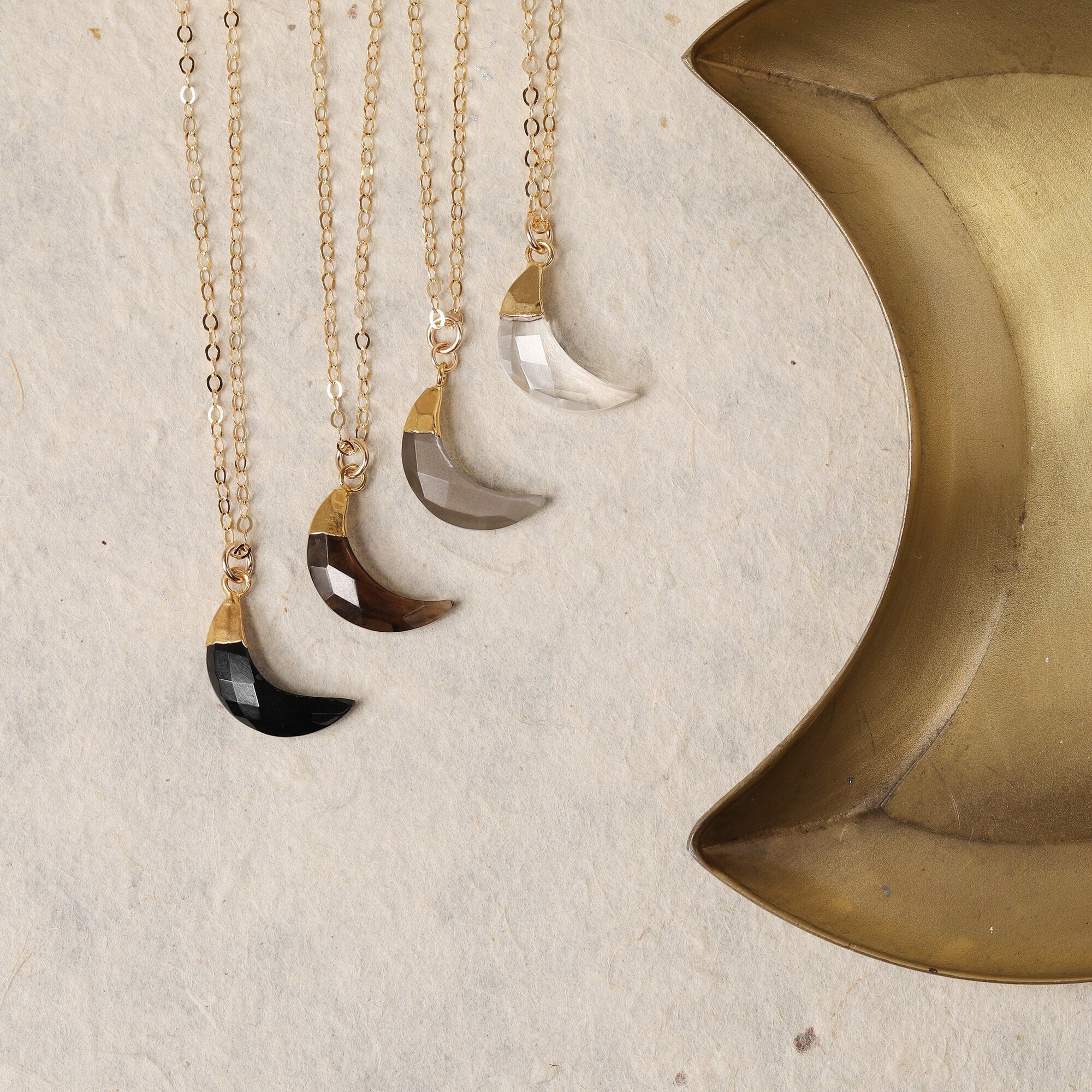 Moon Shape Gemstone Gold Necklaces: Onyx, Smokey, Moonstone and Quartz Necklaces Soul & Little Rose   