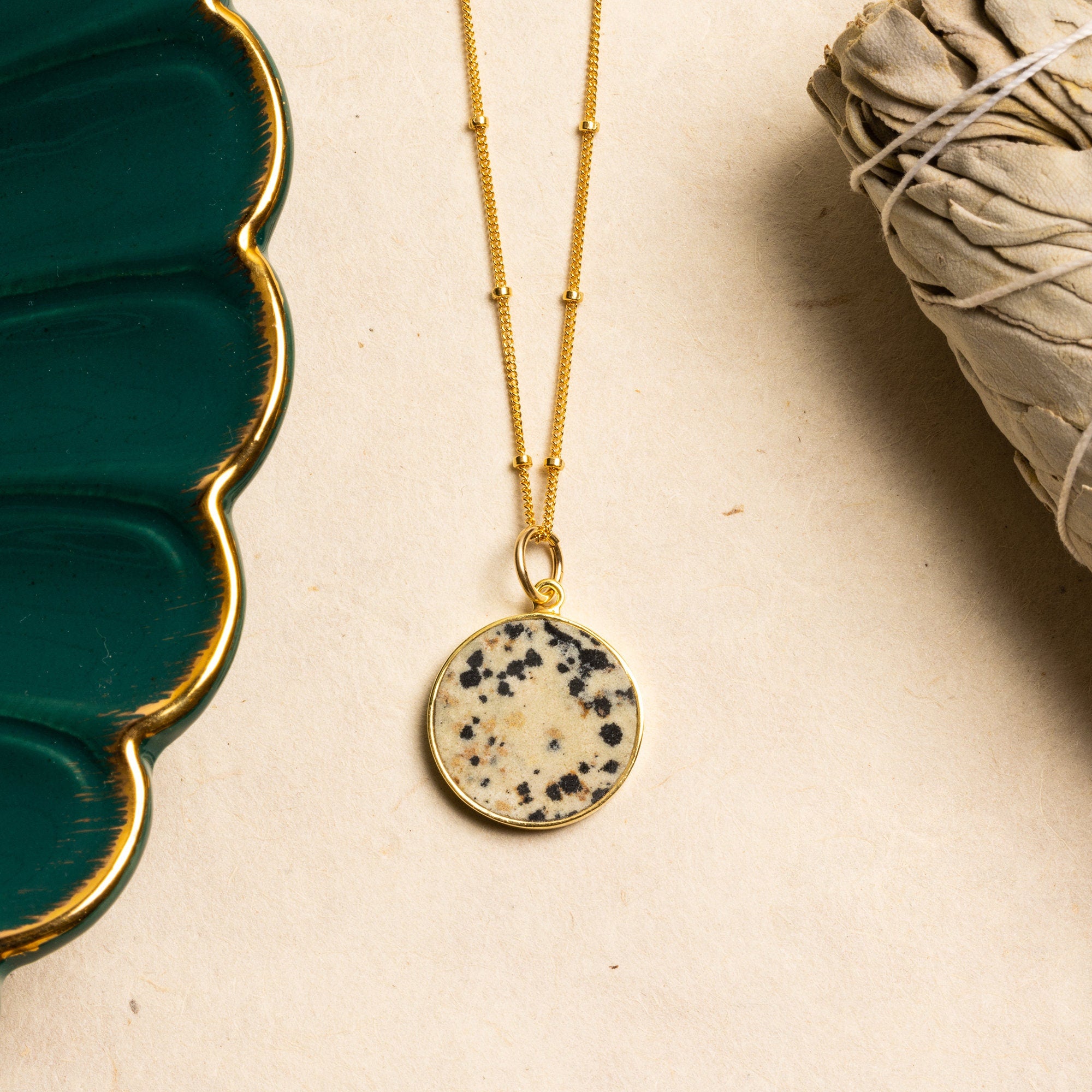 Dalmatian Jasper Gold Disc Necklace (Satellite Chain) Necklaces Soul & Little Rose