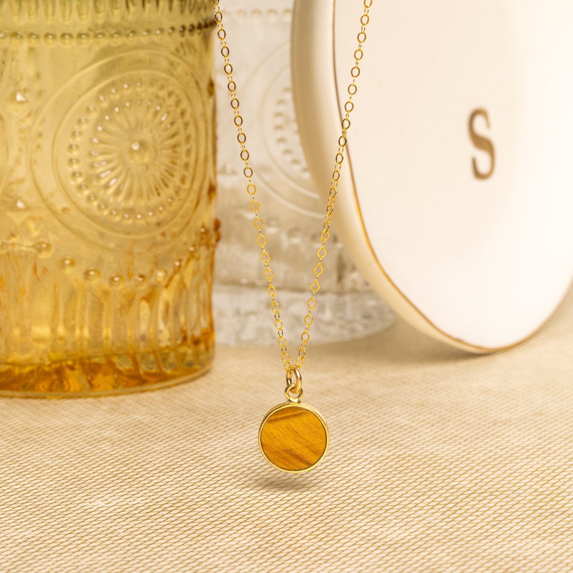 Tiger's Eye Small Round Disc Circle Necklace Necklaces Soul & Little Rose