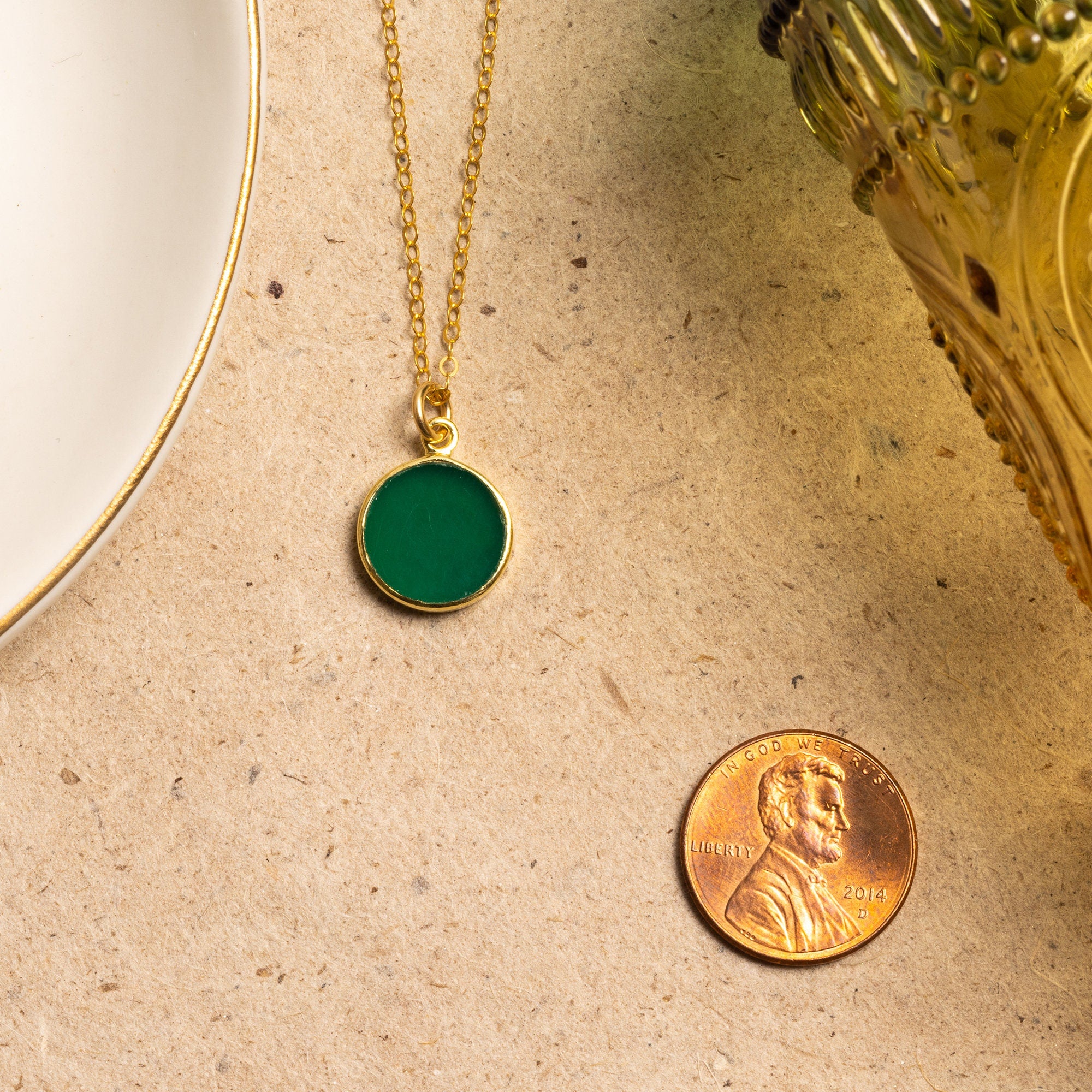 Green Onyx Small Disc Gold Pendant Necklaces Soul & Little Rose