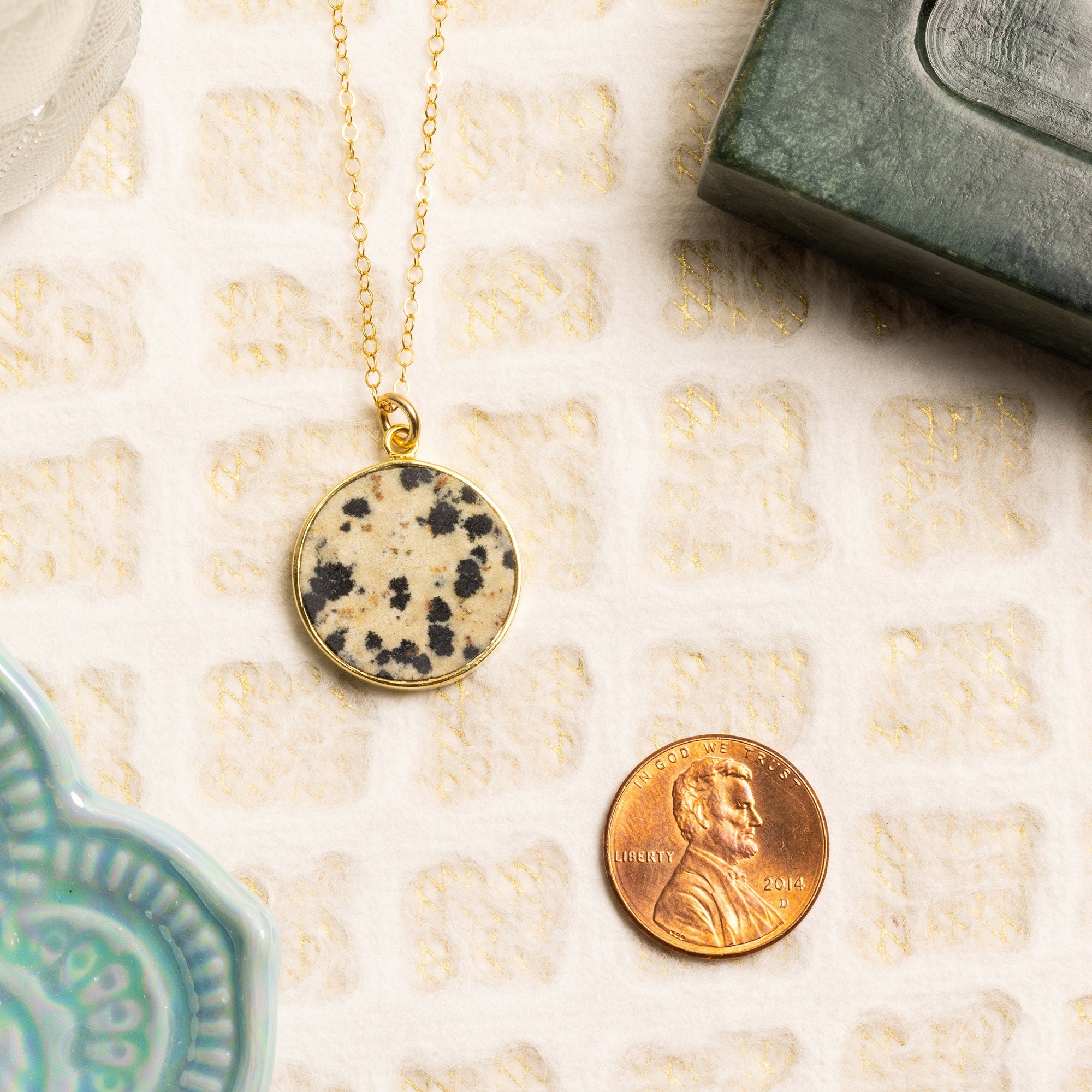 Dalmatian Jasper Disc Gold Pendant Necklace Necklaces Soul & Little Rose