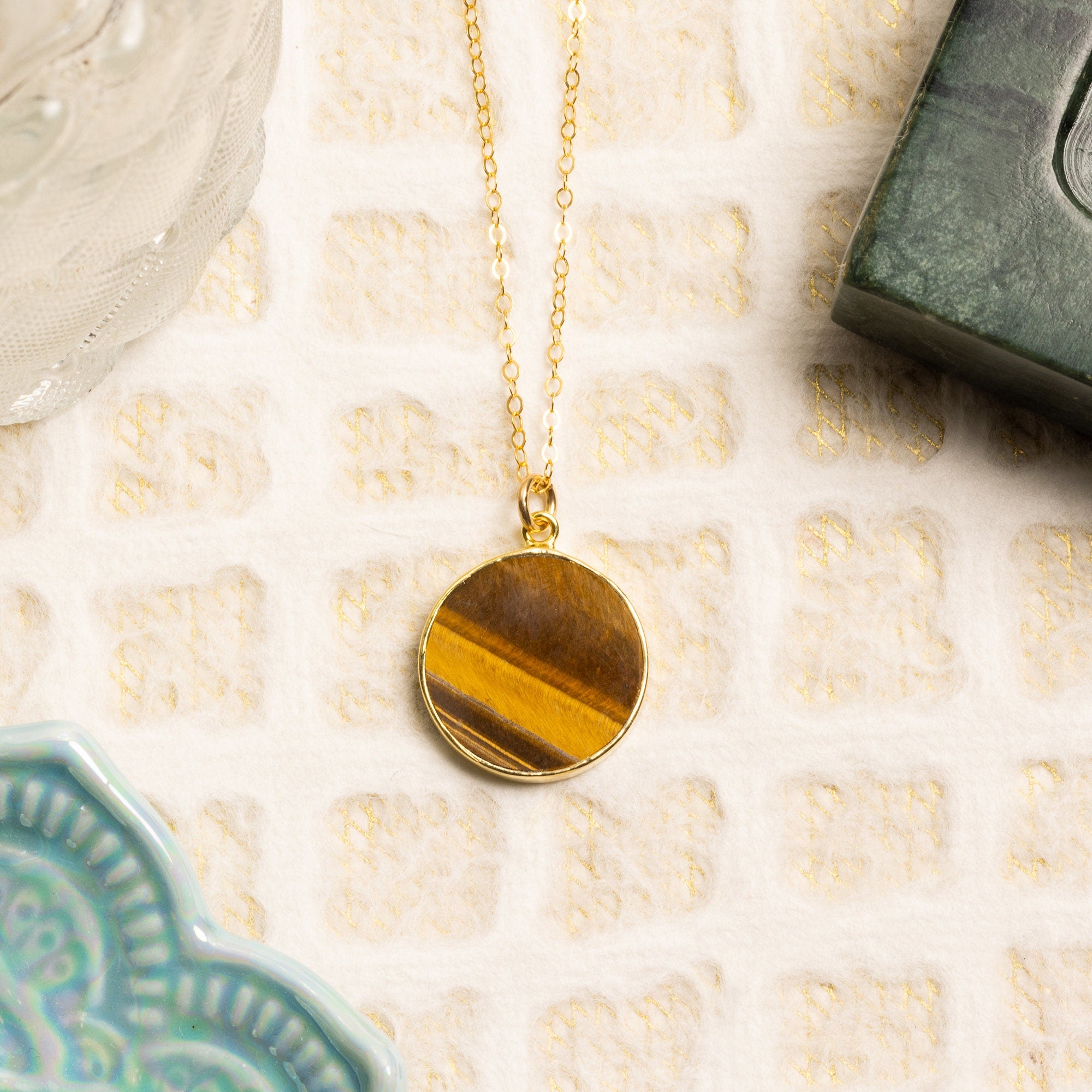 Tiger's Eye Round Coin Gold Pendant Necklace Necklaces Soul & Little Rose