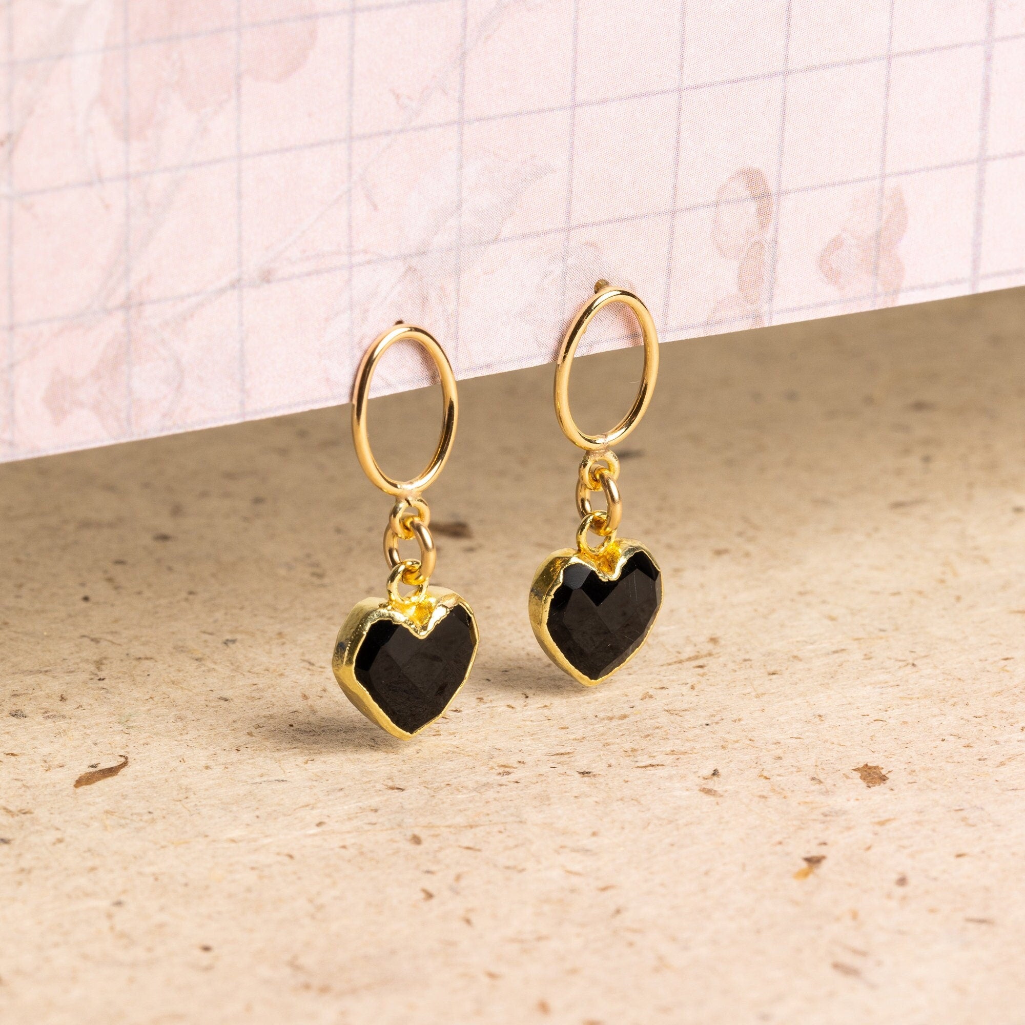 Black Onyx Mini Heart Gemstone Gold Earrings Earrings Soul & Little Rose   