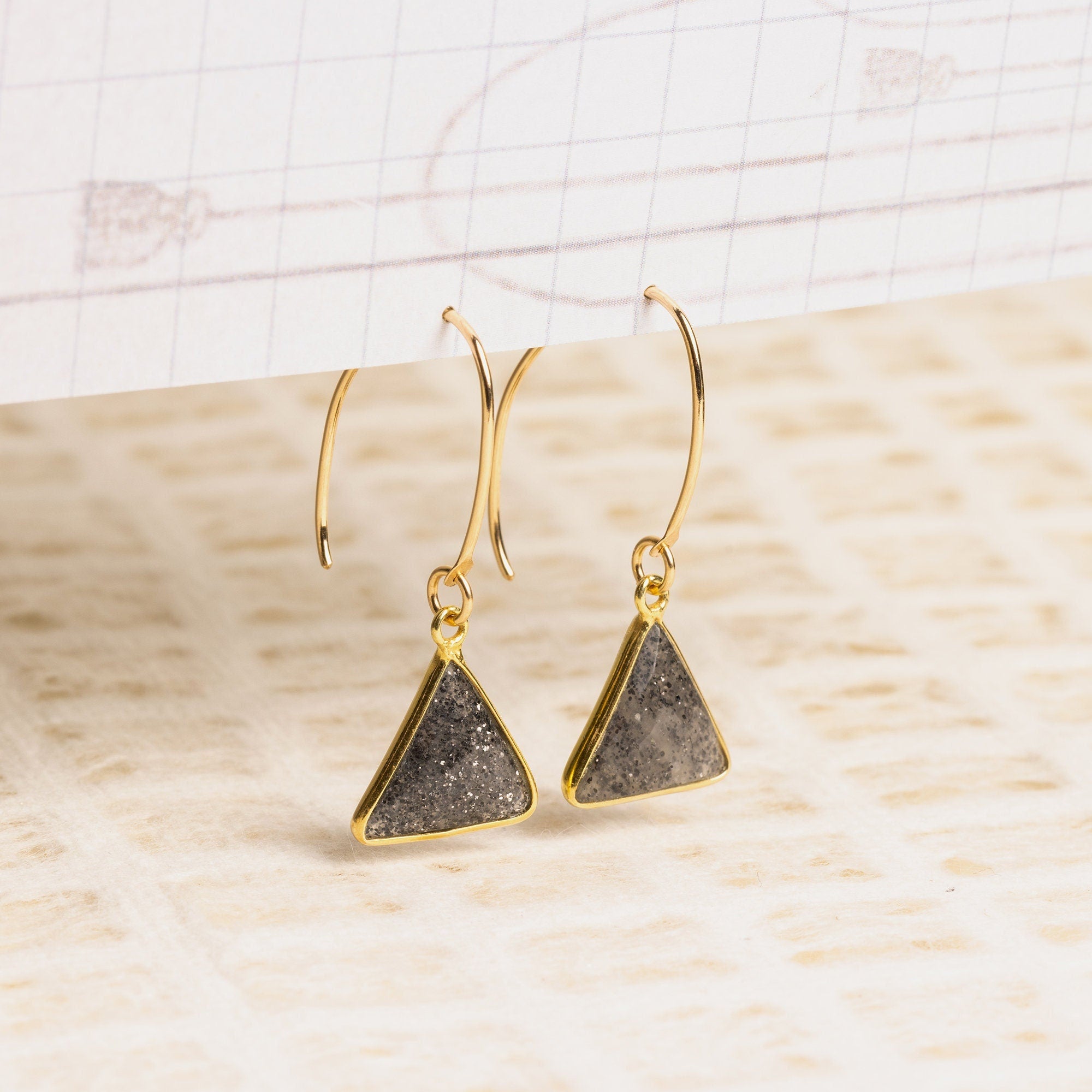 Black Sunstone Gemstone Triangle Gold Drop Earrings Earrings Soul & Little Rose   