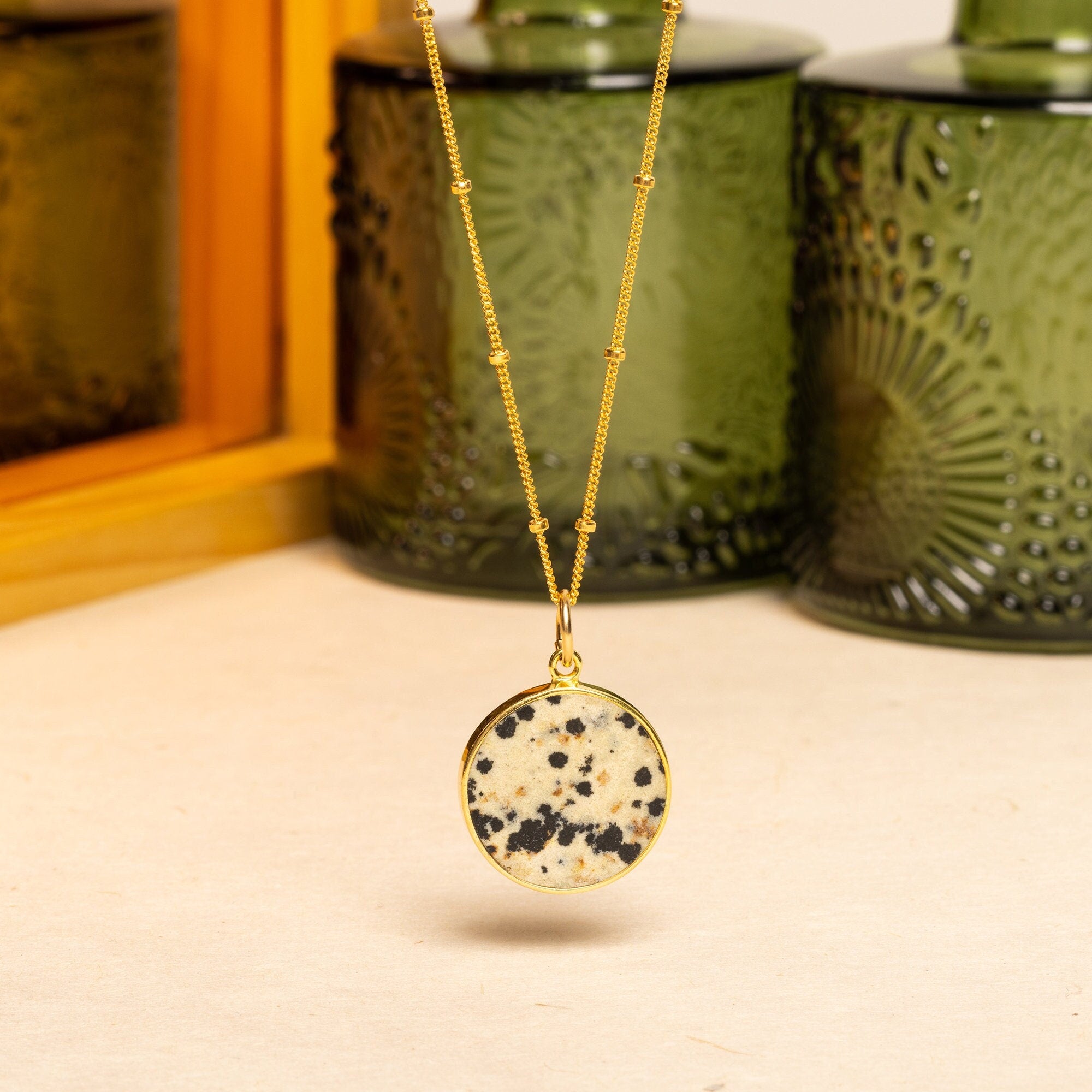 Dalmatian Jasper Gold Disc Necklace (Satellite Chain) Necklaces Soul & Little Rose