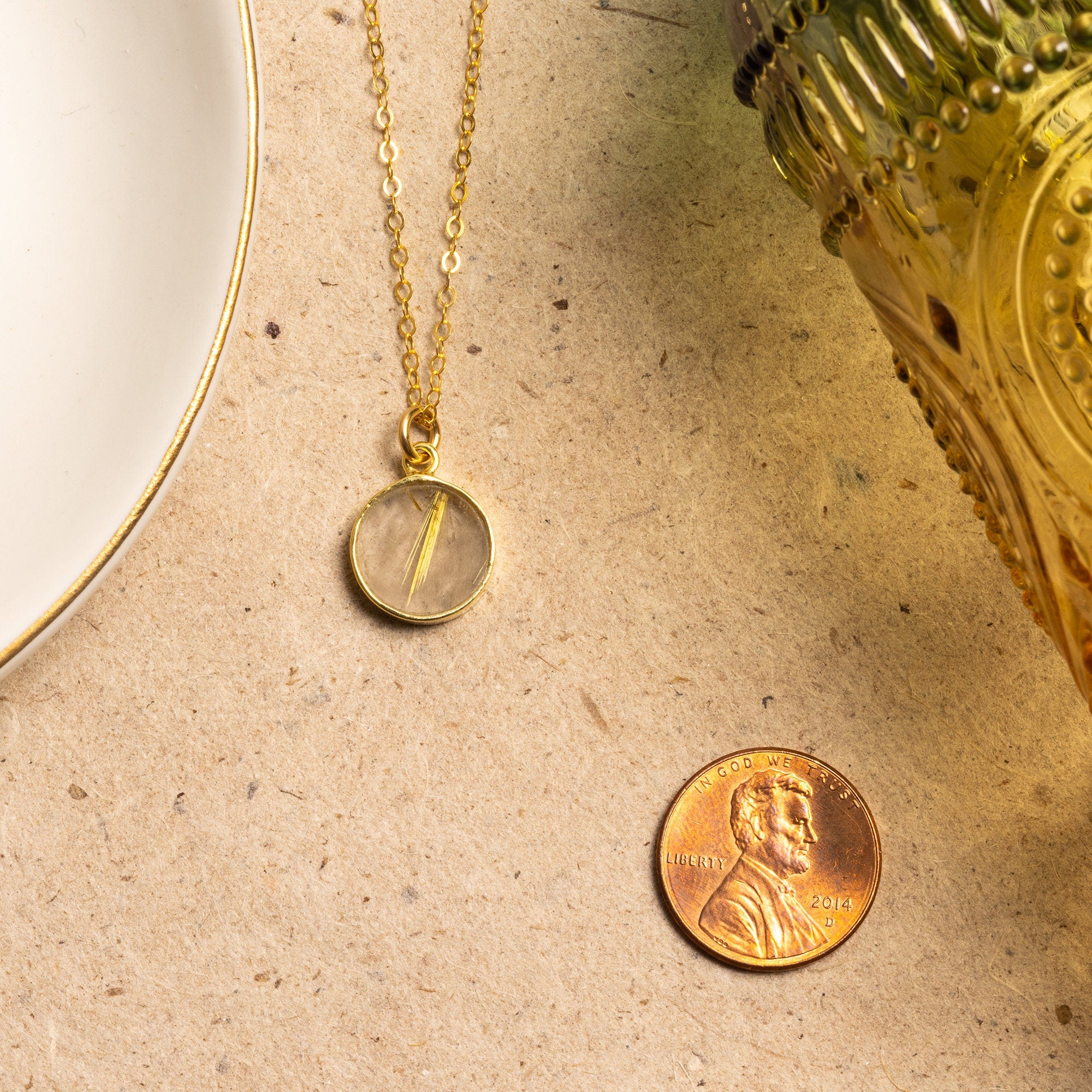 Golden Rutilated Quartz Round Disc Pendant Necklace Necklaces Soul & Little Rose