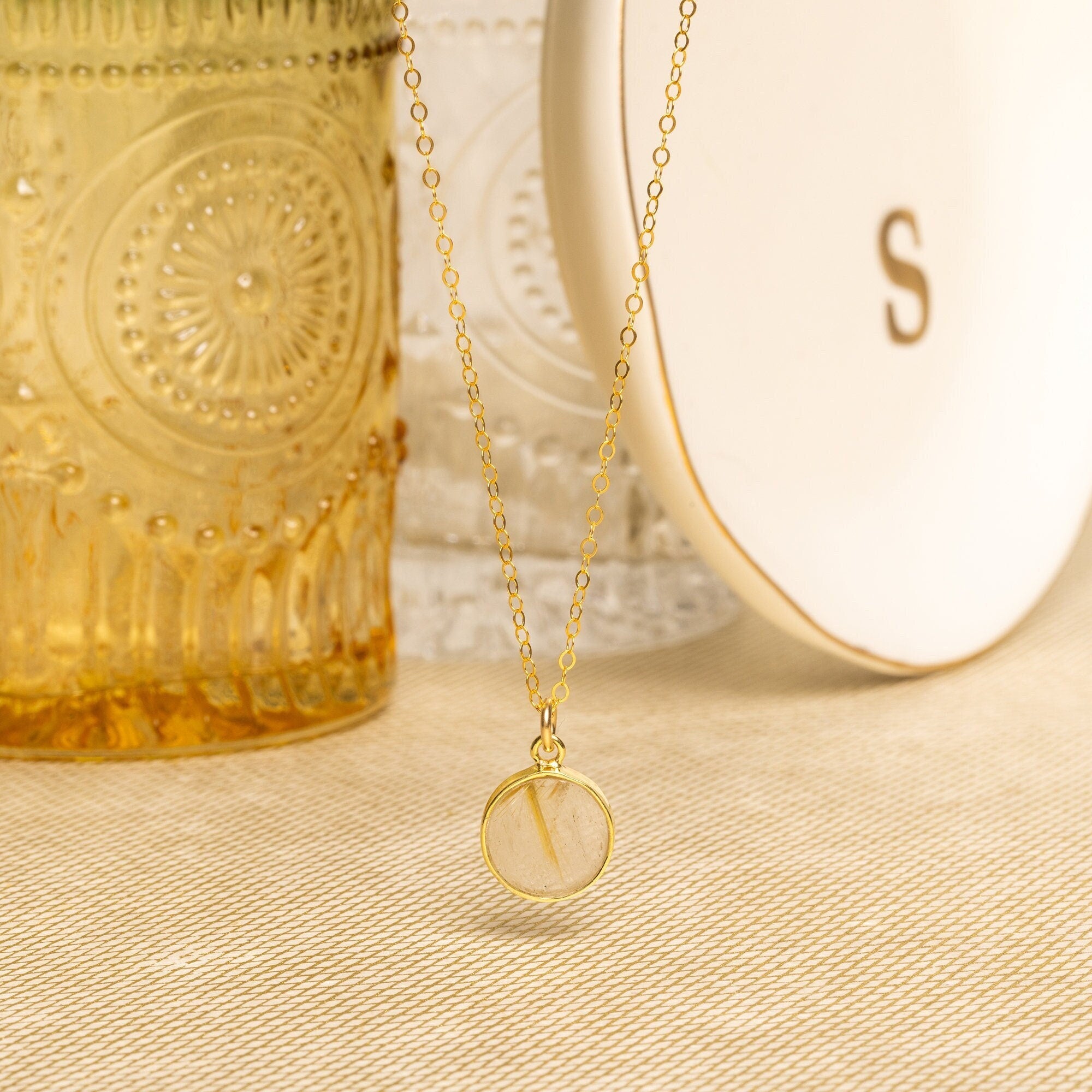 Golden Rutilated Quartz Round Disc Pendant Necklace Necklaces Soul & Little Rose
