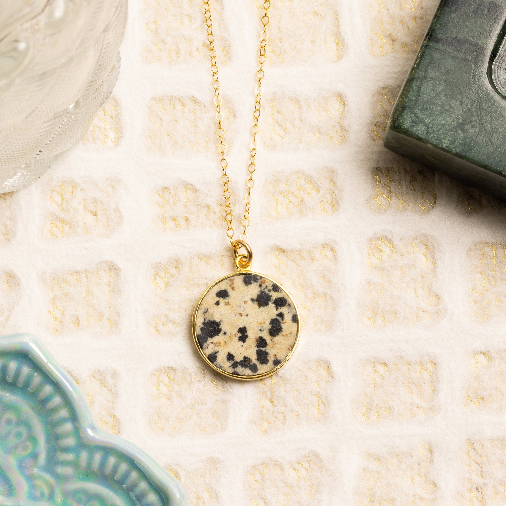 Dalmatian Jasper Disc Gold Pendant Necklace Necklaces Soul & Little Rose