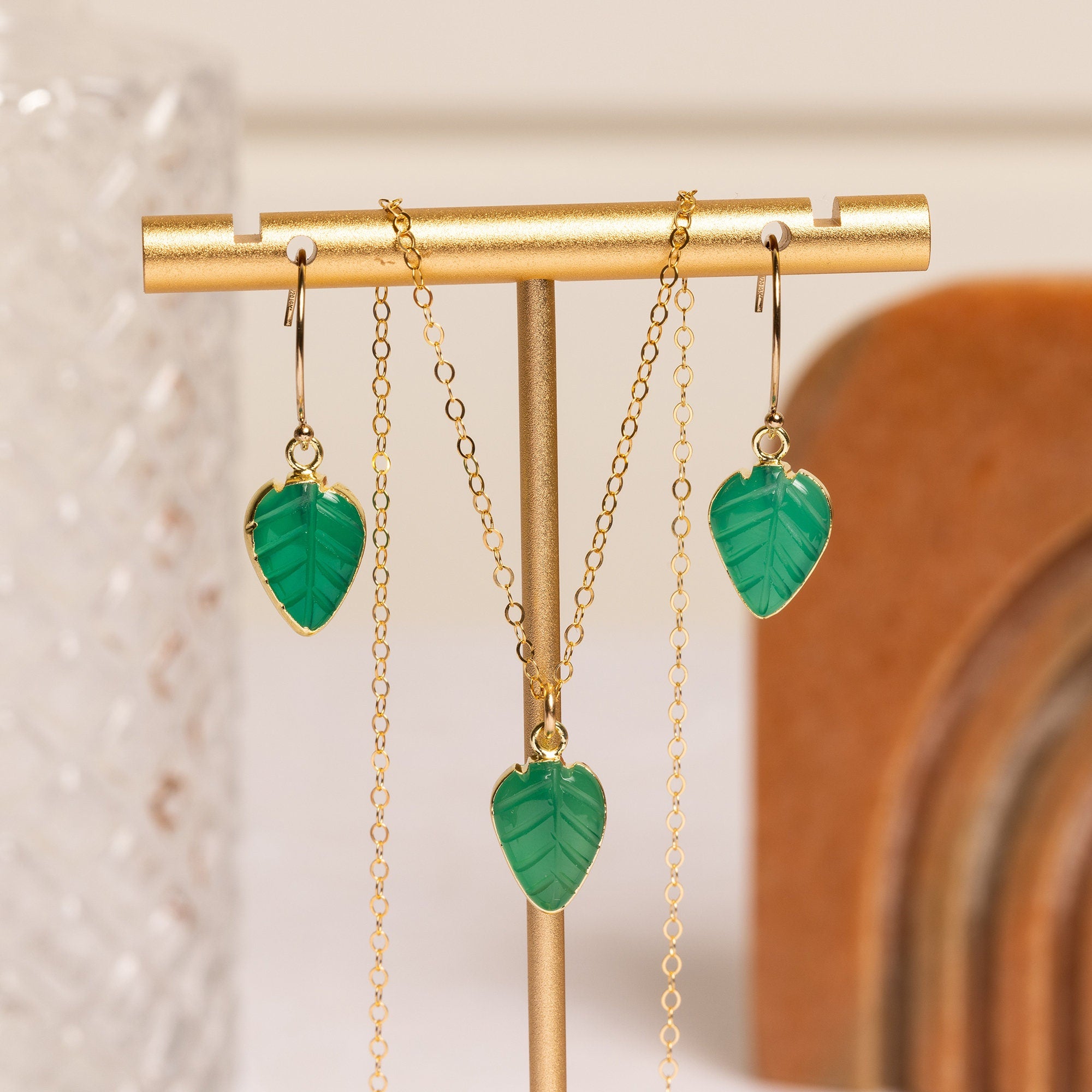 Green Onyx Leaf Shape Gemstone Necklace and Earrings Set Necklace and Earrings Set Soul & Little Rose   