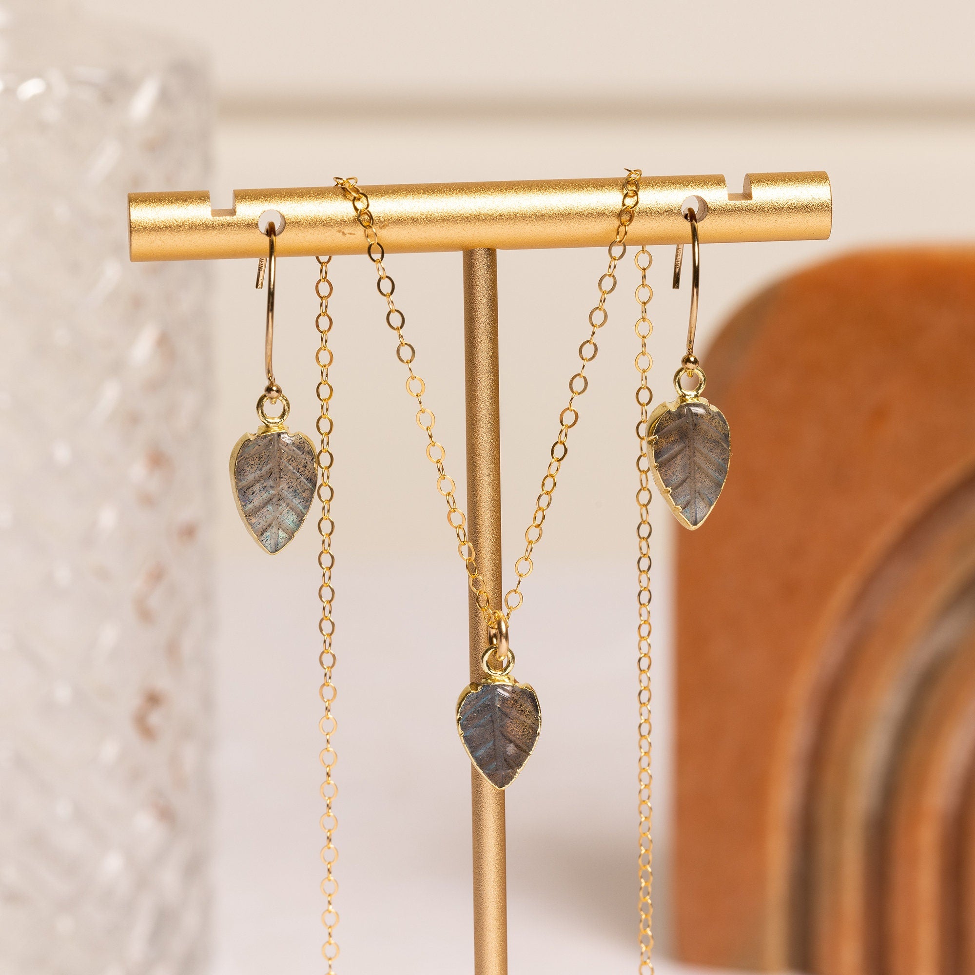 Labradorite Leaf Shape Gemstone Necklace and Earrings Set Necklace and Earrings Set Soul & Little Rose   
