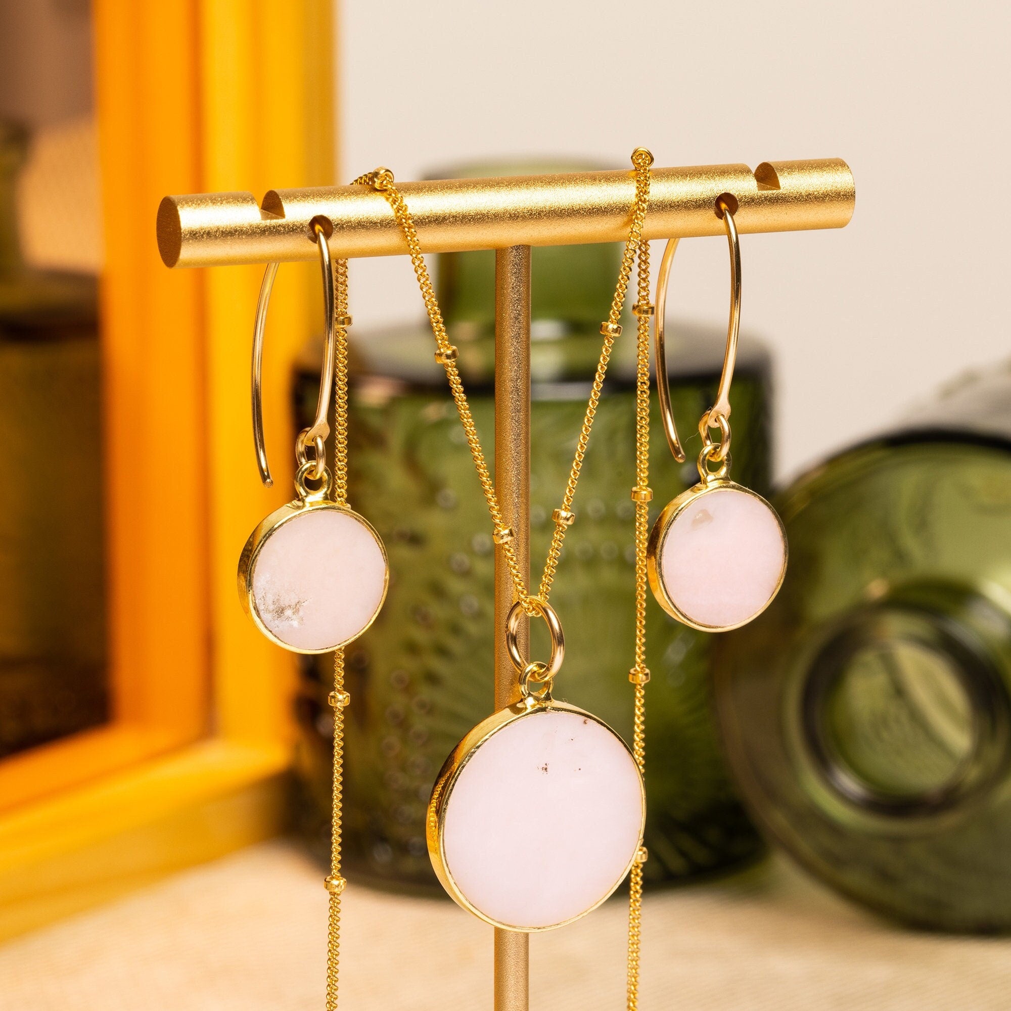 Pink Opal Disc Gold Earrings Necklace Set