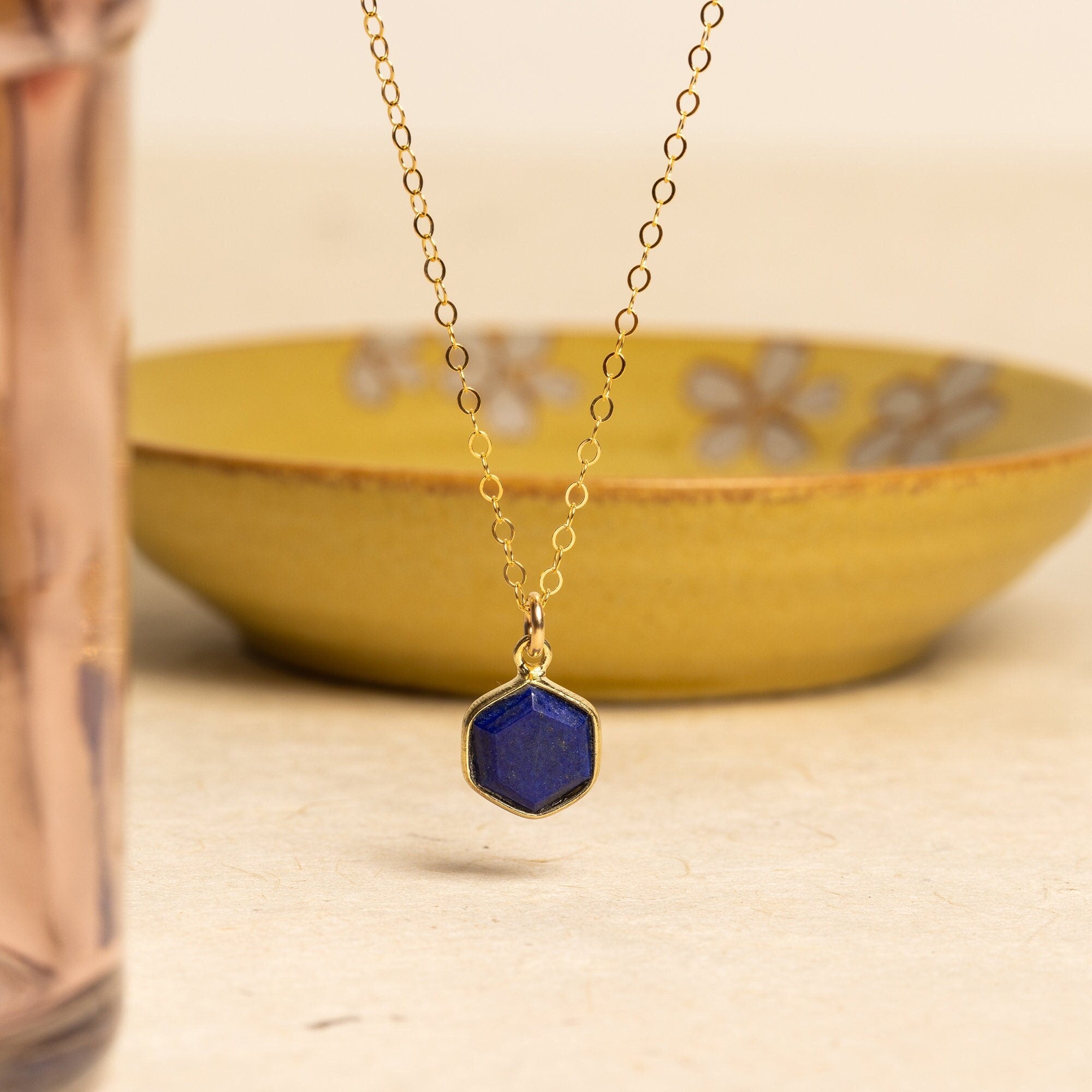 Lapis Lazuli Gemstone Hexagon Pendant Gold Necklace Necklaces Soul & Little Rose