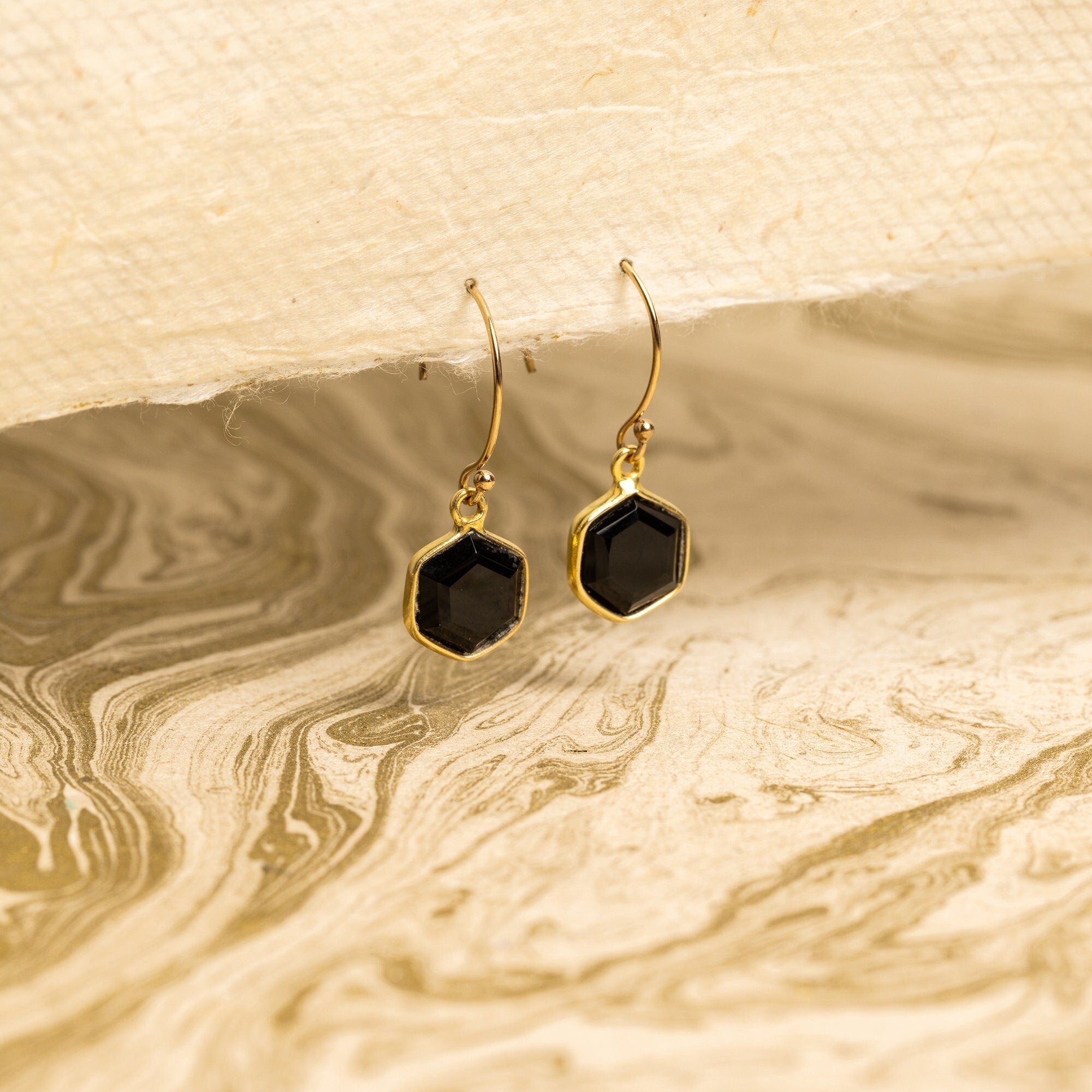 Black Onyx Hexagon Gold Drop Earrings Earrings Soul & Little Rose   