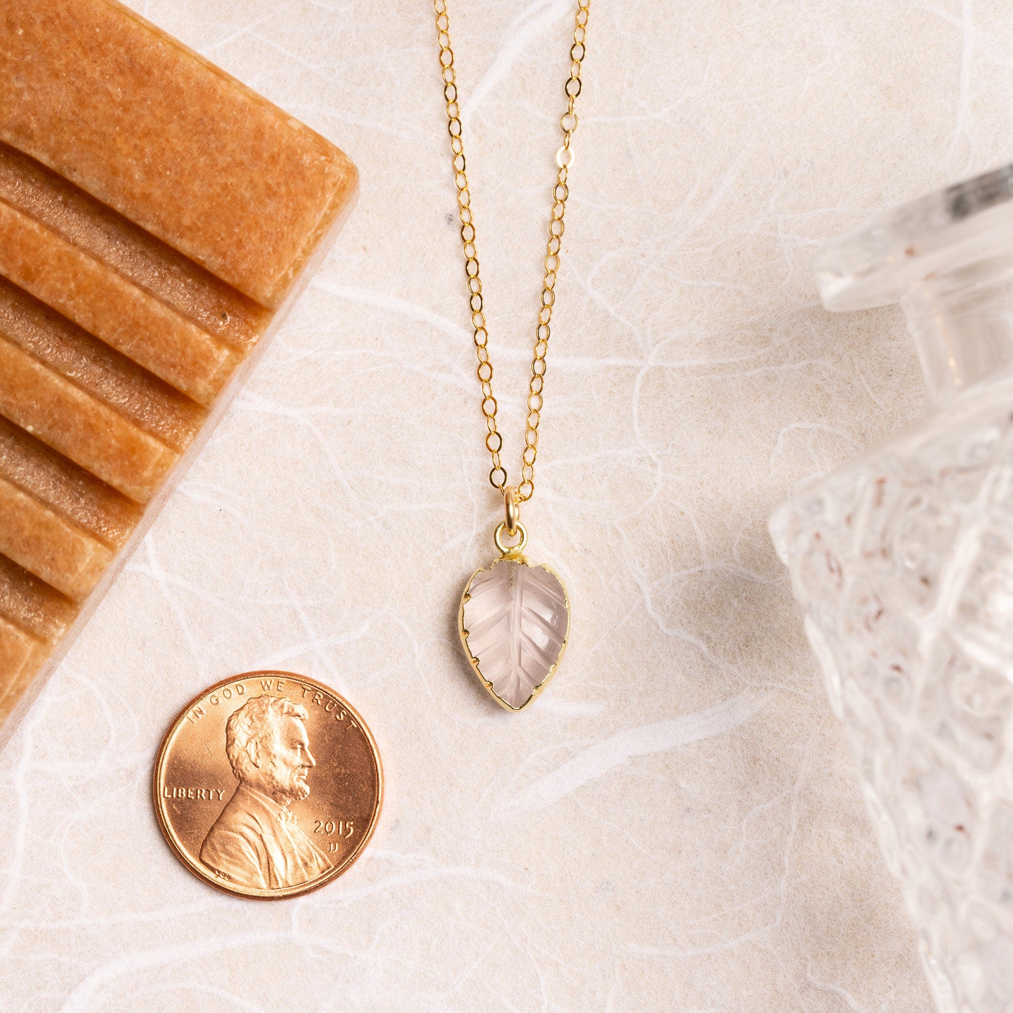Rose Quartz Leaf Shape Gemstone Gold Necklace Necklaces Soul & Little Rose