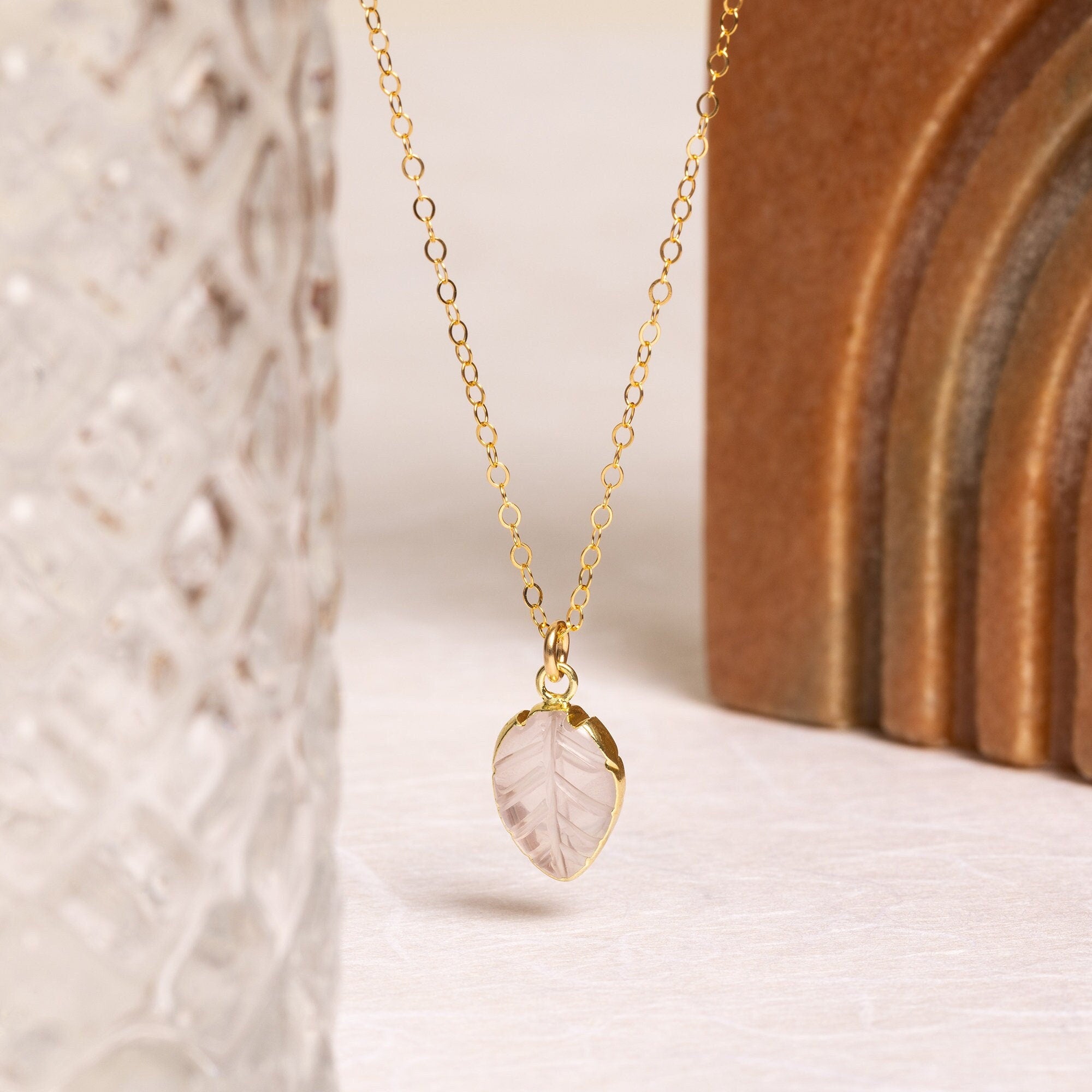 Rose Quartz Leaf Shape Gemstone Gold Necklace – Soul Little Rose
