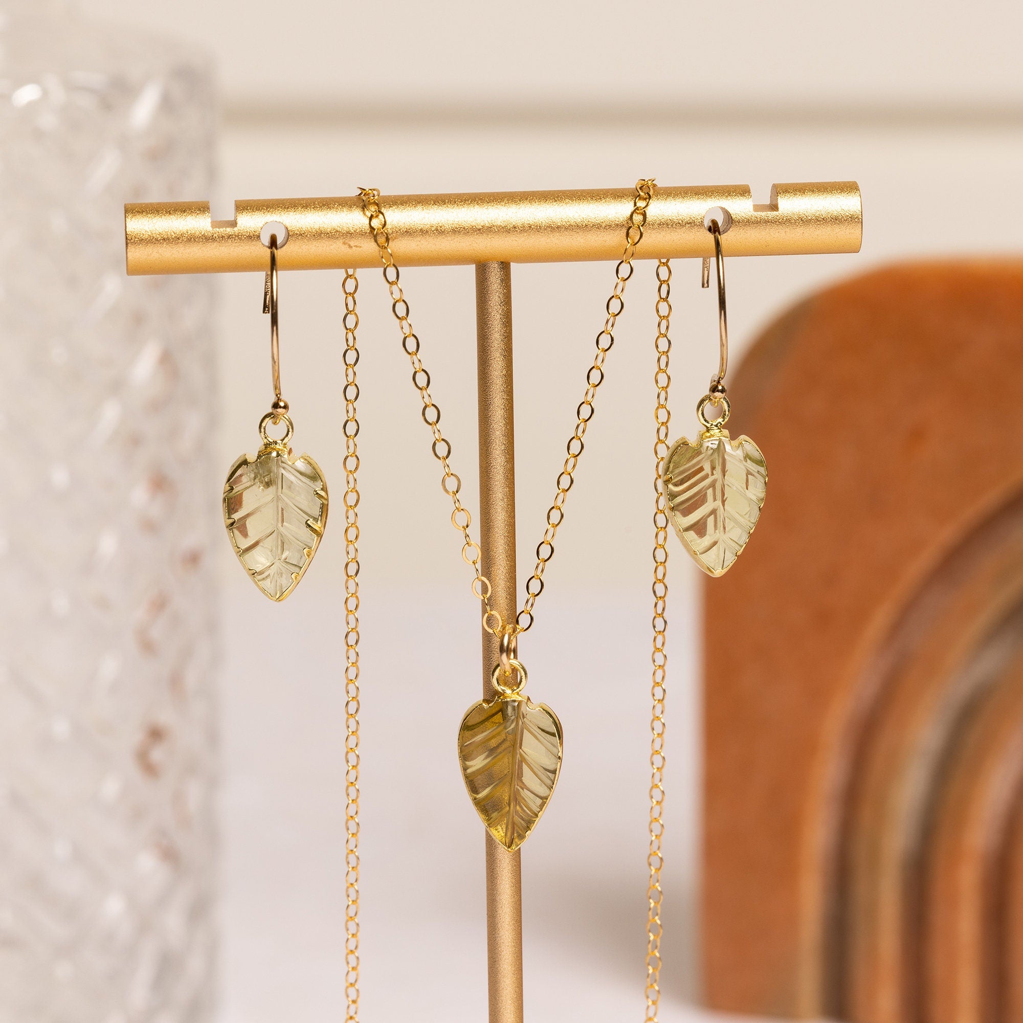 Lemon Quartz Leaf Gemstone Necklace and Earrings Set Necklace and Earrings Set Soul & Little Rose   