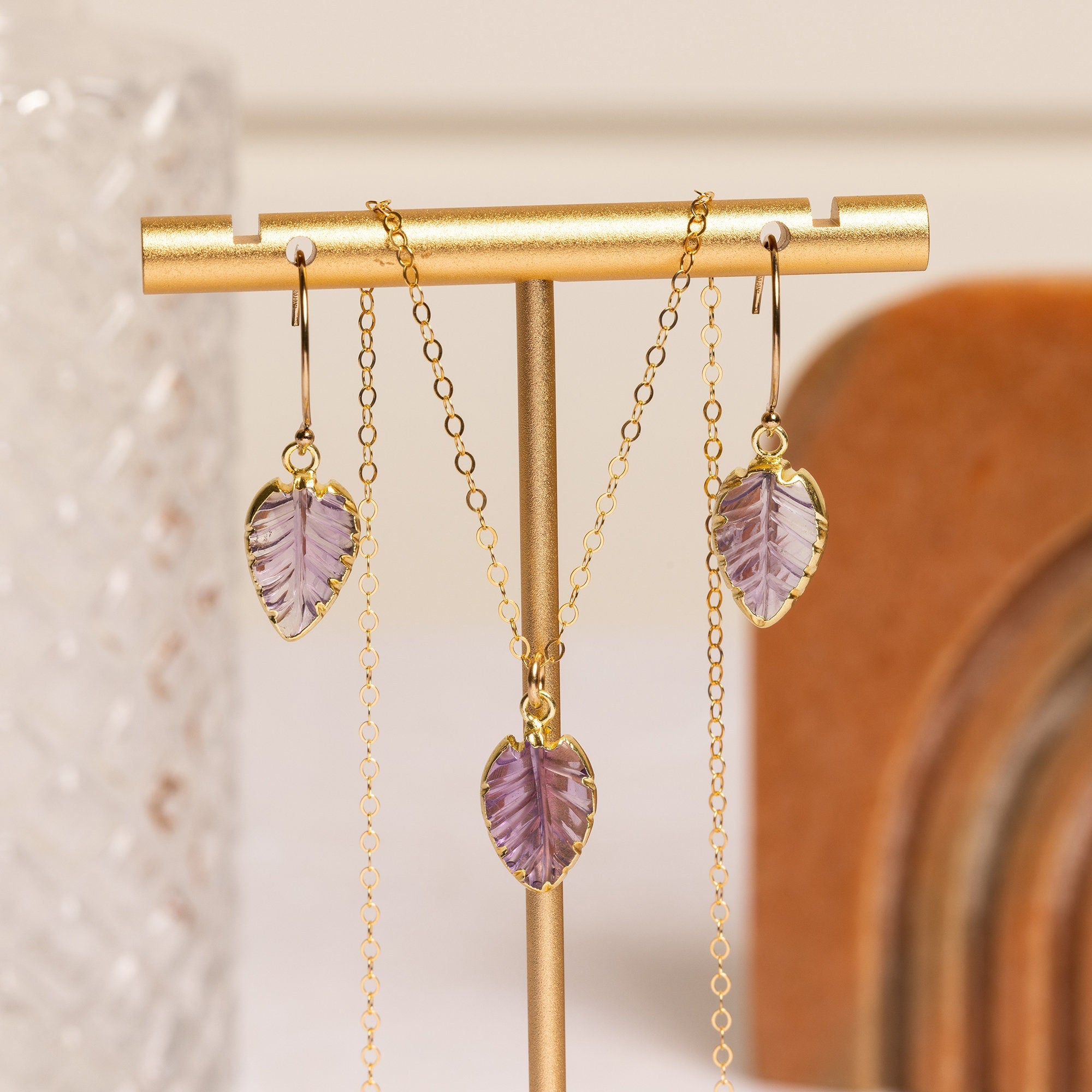 Pink Amethyst Leaf Earrings and Necklace Set Necklace and Earrings Set Soul & Little Rose   