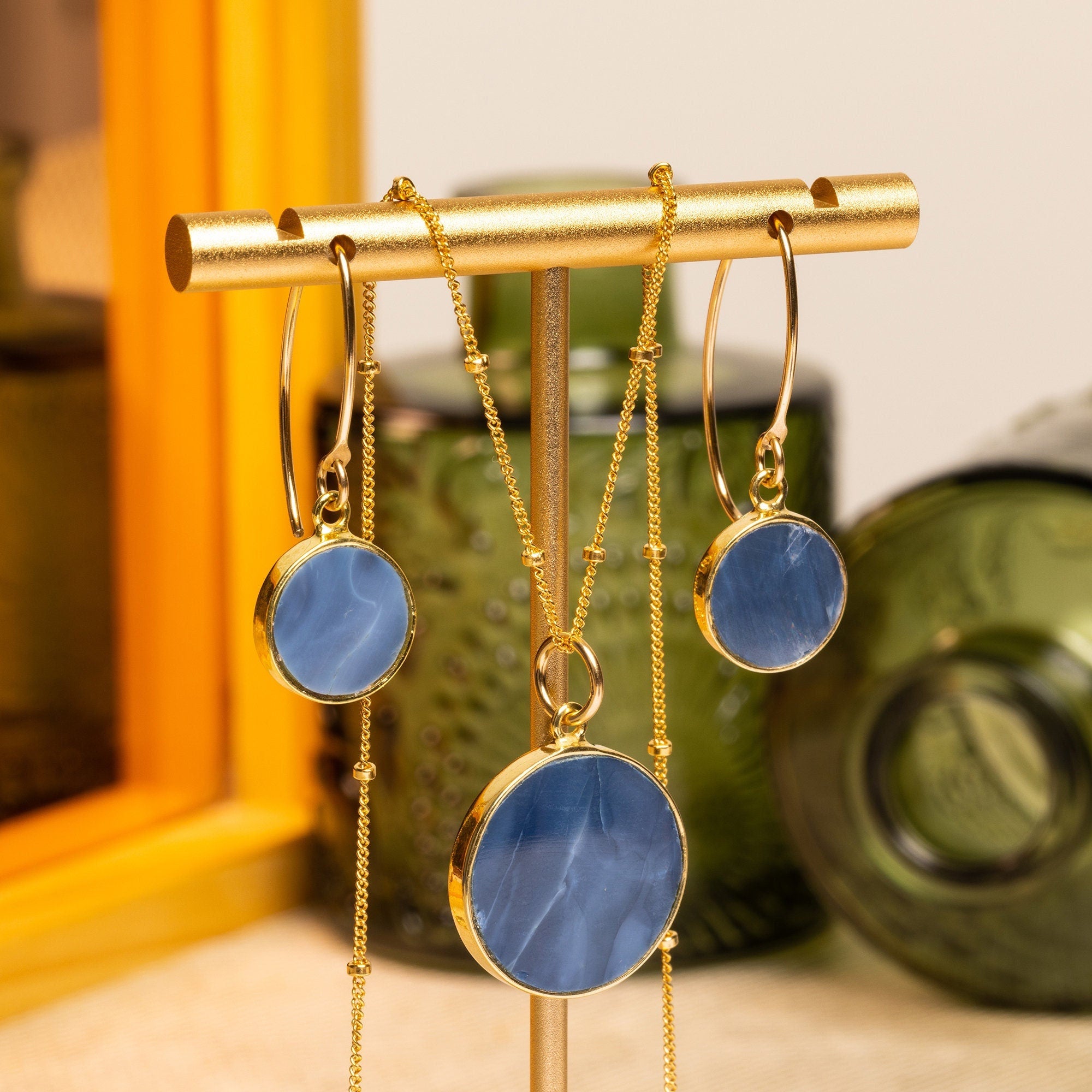 Blue Opal Disc Necklace and Earrings Gold Set (Satellite Chain) Necklace and Earrings Set Soul & Little Rose   