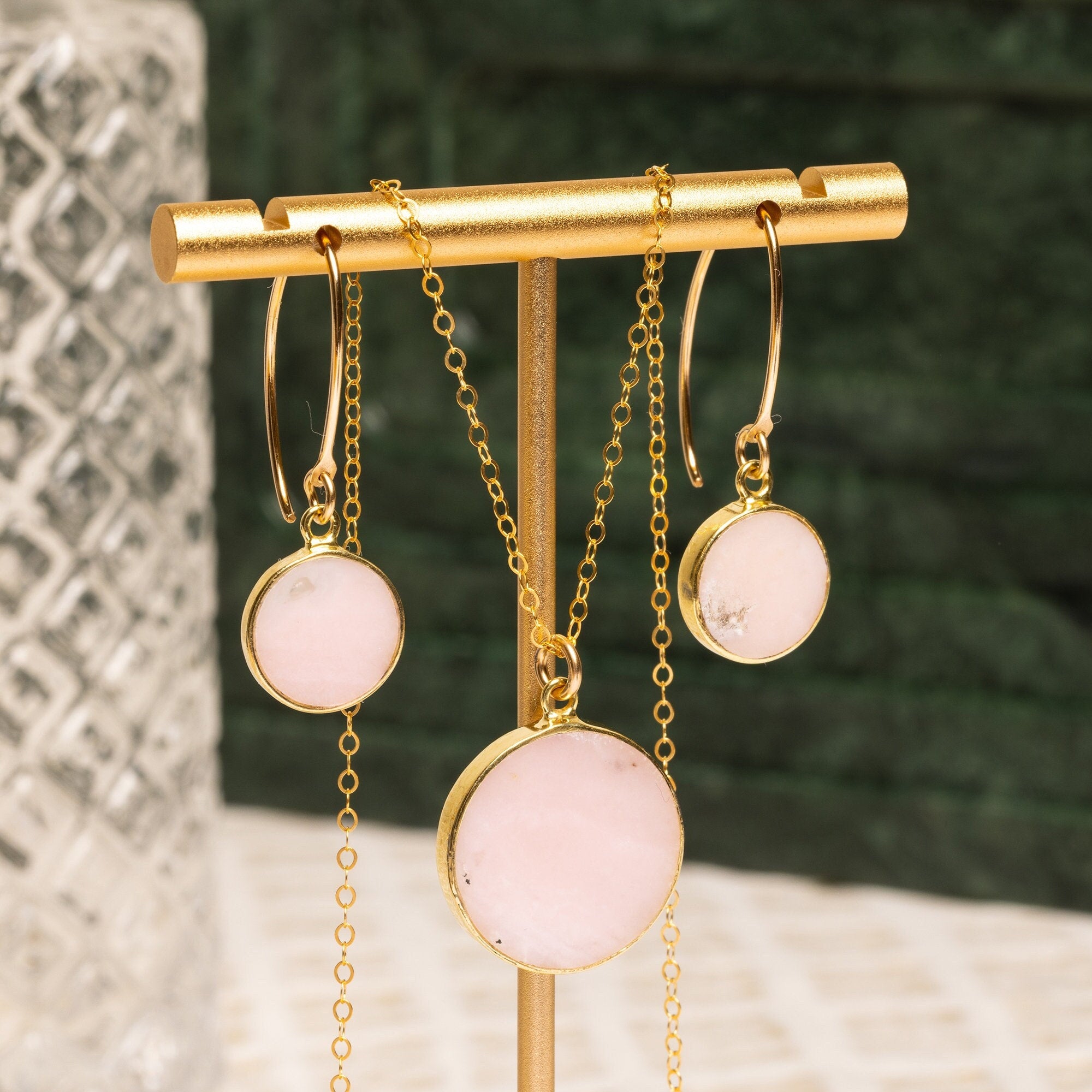 Pink Opal Round Pendant Necklace and Earrings Set Necklace and Earrings Set Soul & Little Rose   