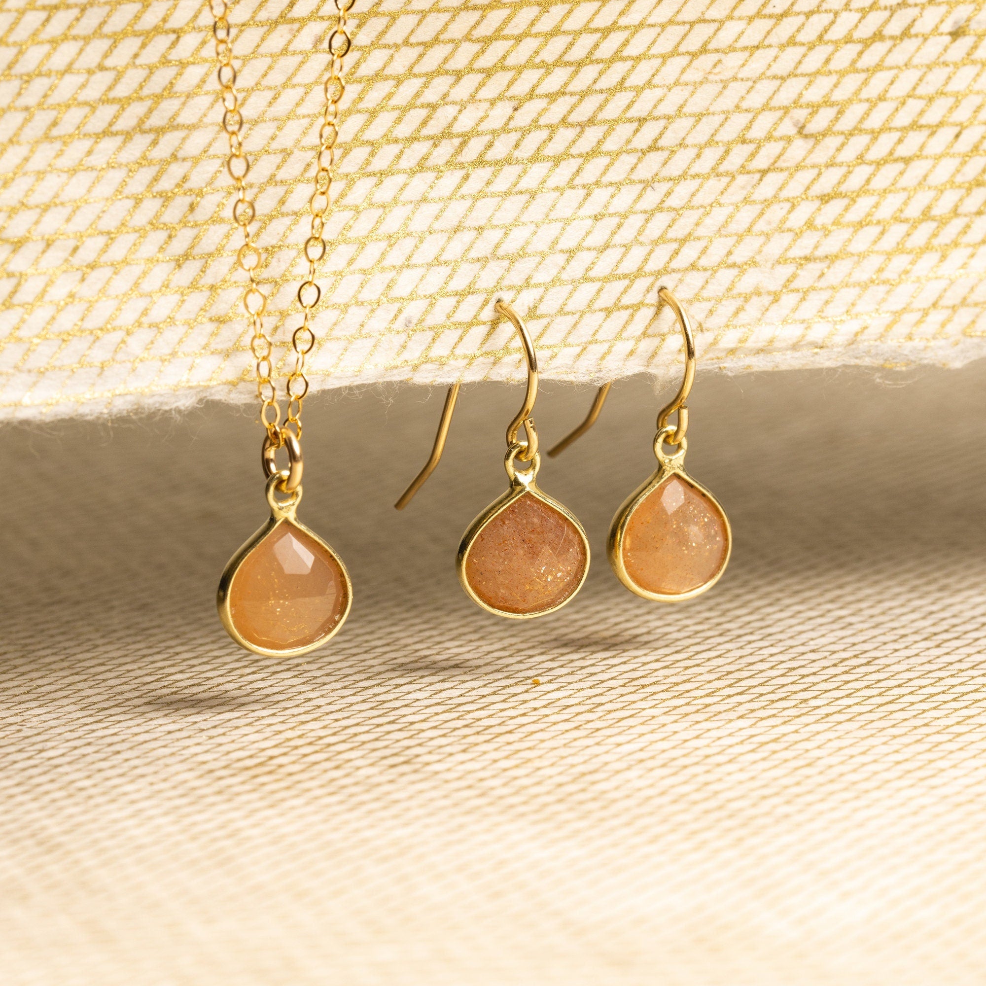 Peach Moonstone Necklace and Drop Earrings Matching Set Necklace and Earrings Set Soul & Little Rose   