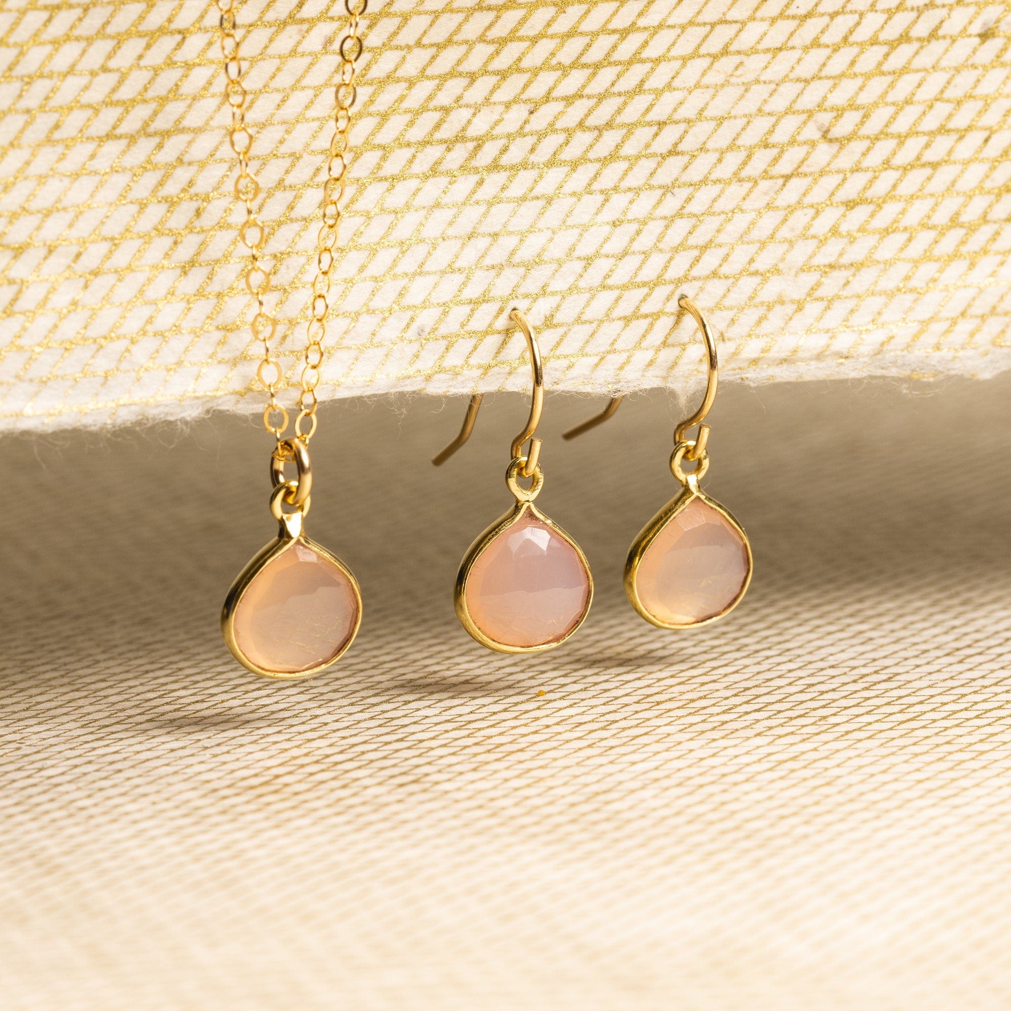 Pink Chalcedony Necklace and Drop Earrings Matching Set - Delicate, Dainty, minimalist, simple gold jewelry gift for mom, wife, daughter Necklace and Earrings Set Soul & Little Rose   