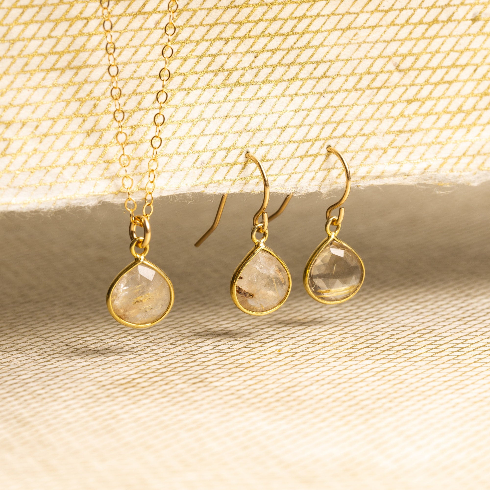 Golden Rutilated Quartz Necklace and Drop Gold Earrings Matching Set Necklace and Earrings Set Soul & Little Rose   