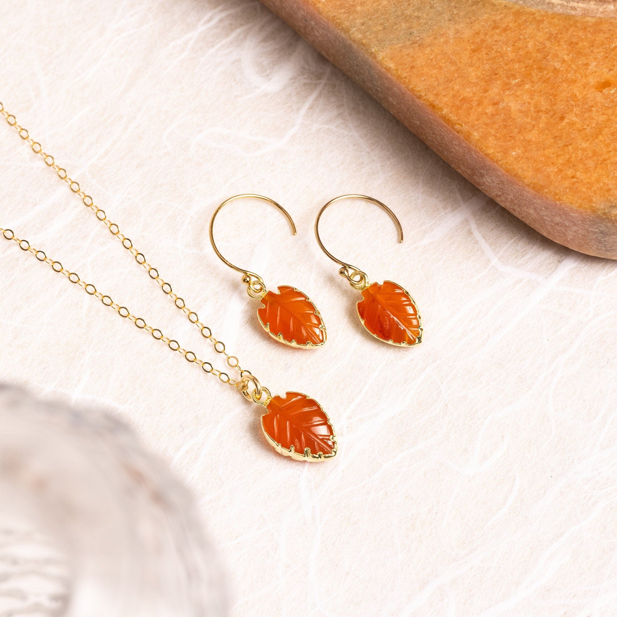 Carnelian Leaf Gemstone Necklace and Earrings Set Necklace and Earrings Set Soul & Little Rose   