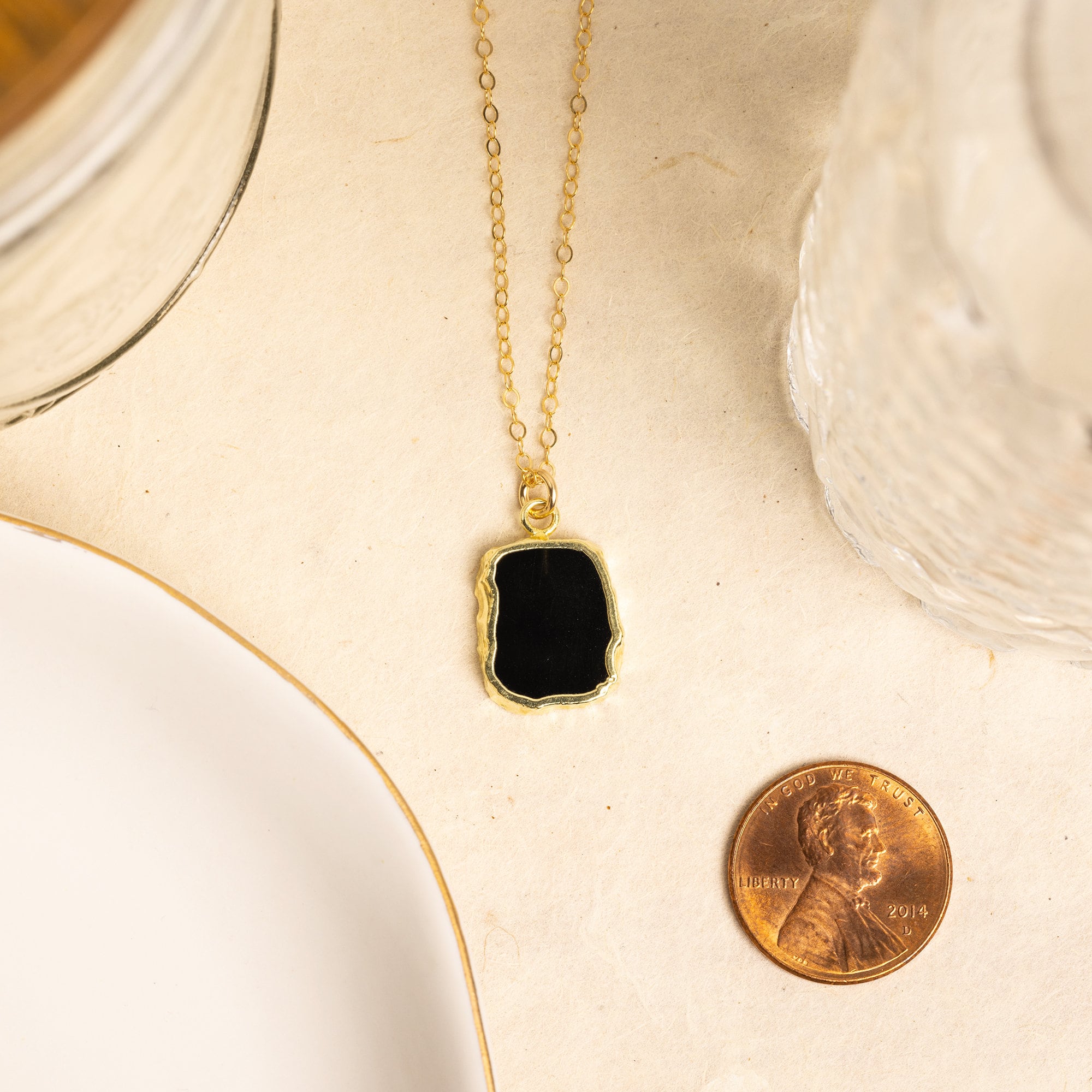 Raw Genuine Black Obsidian Slice Pendant on 14k Gold Filled Chain Necklaces Soul & Little Rose   